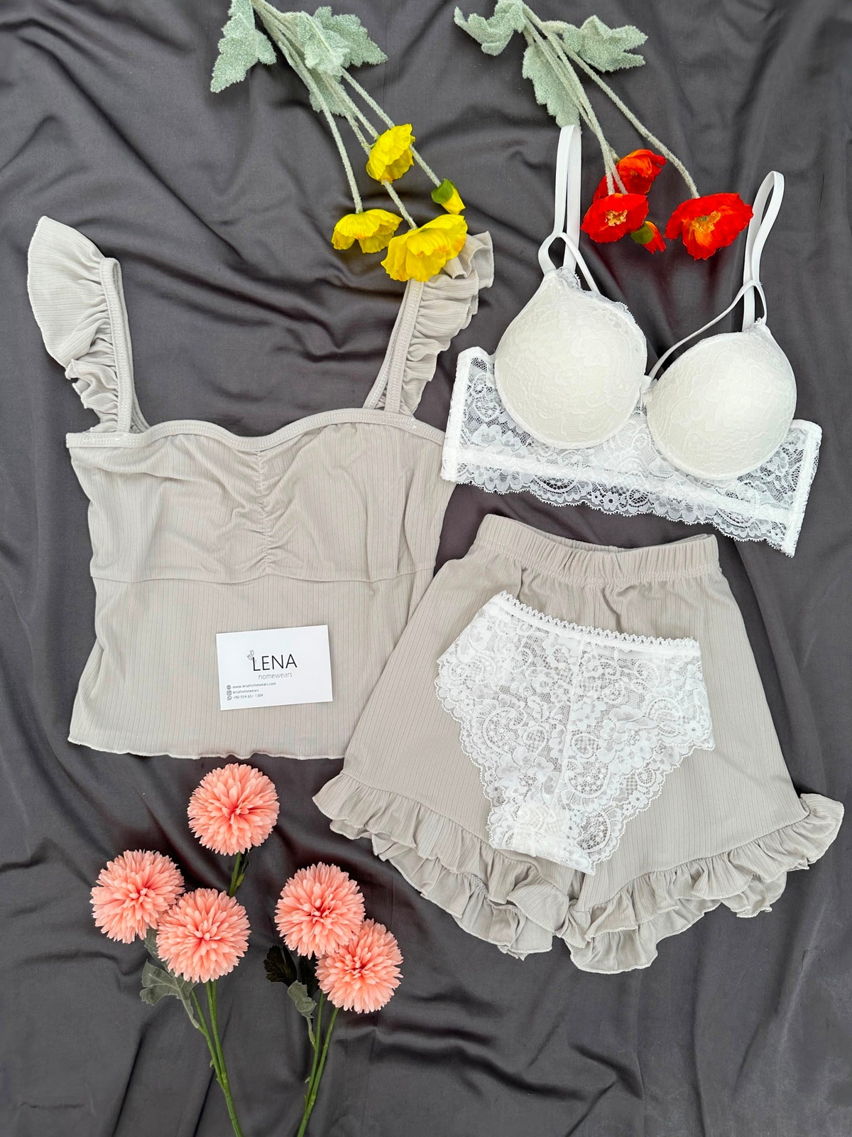 Bej Milas Şortlu Pijama & Çamaşır Seti