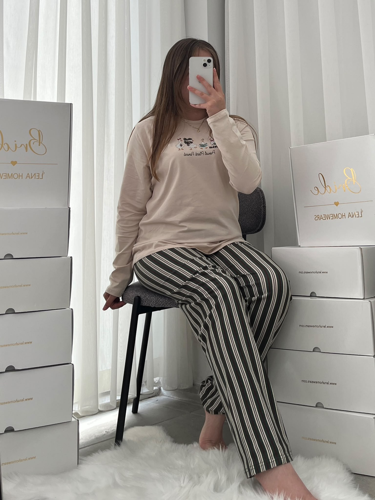 Bej Ördek Desenli Çizgili 4'lü Pamuklu Pijama Takımı