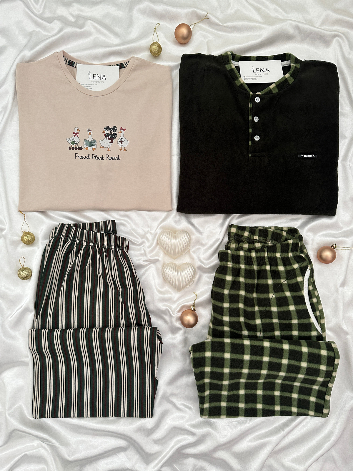 Bej Ördek ve Haki Ekose Günlük Rahat Sevgili Çift Uzun Kollu Pijama Takımı (2'li Set)