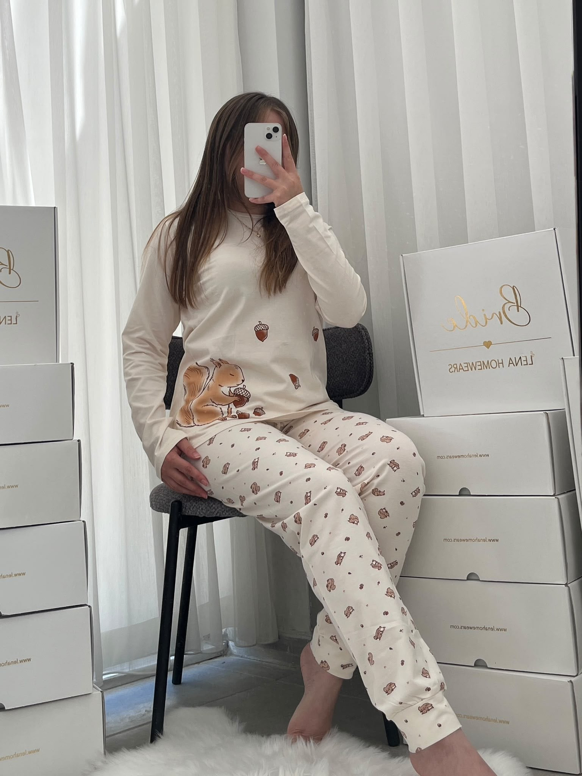 Bej Sincap Desenli Pamuklu Uzun Kollu Pijama Takımı