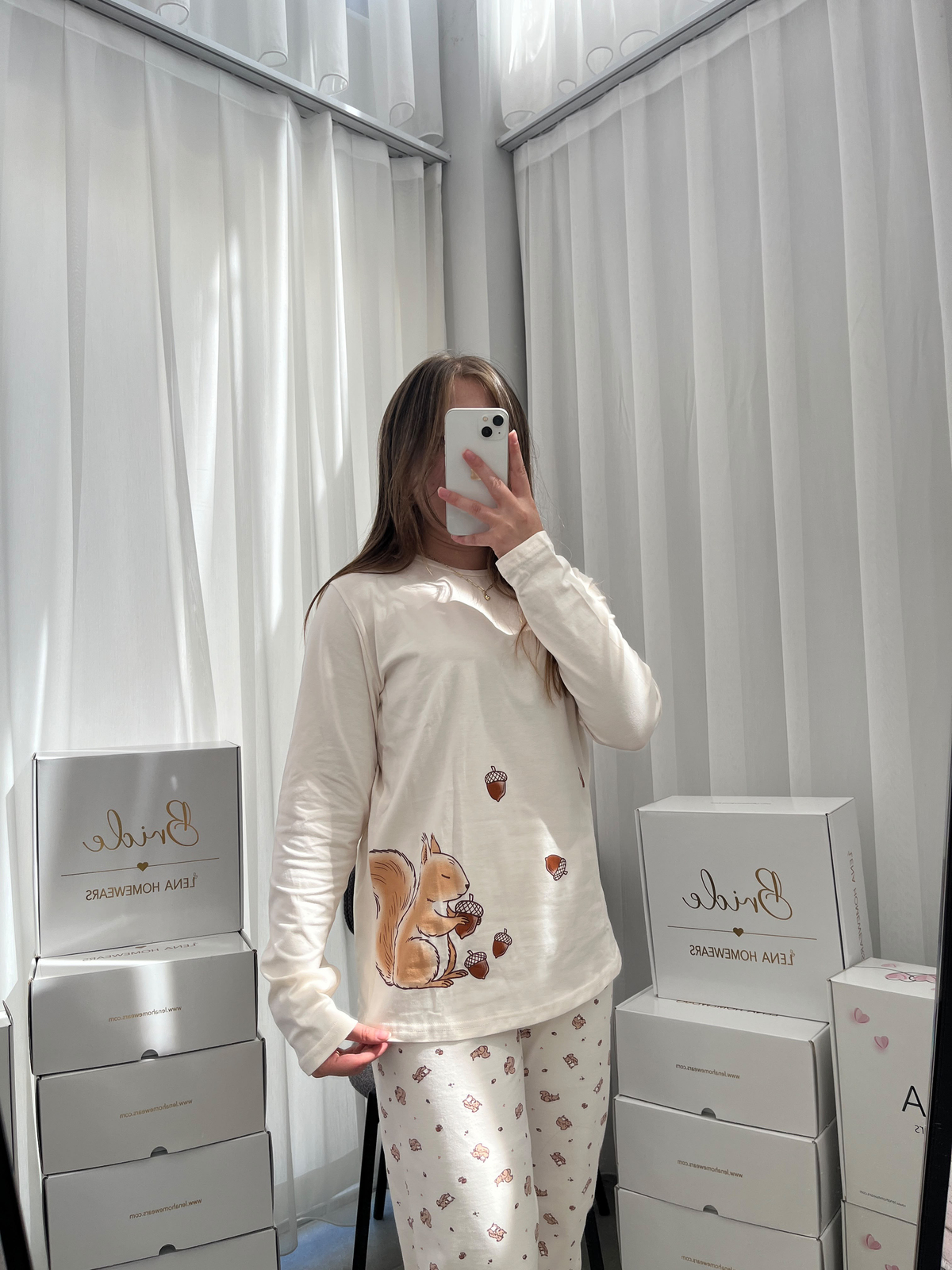 Bej Sincap Desenli Pamuklu Uzun Kollu Pijama Takımı