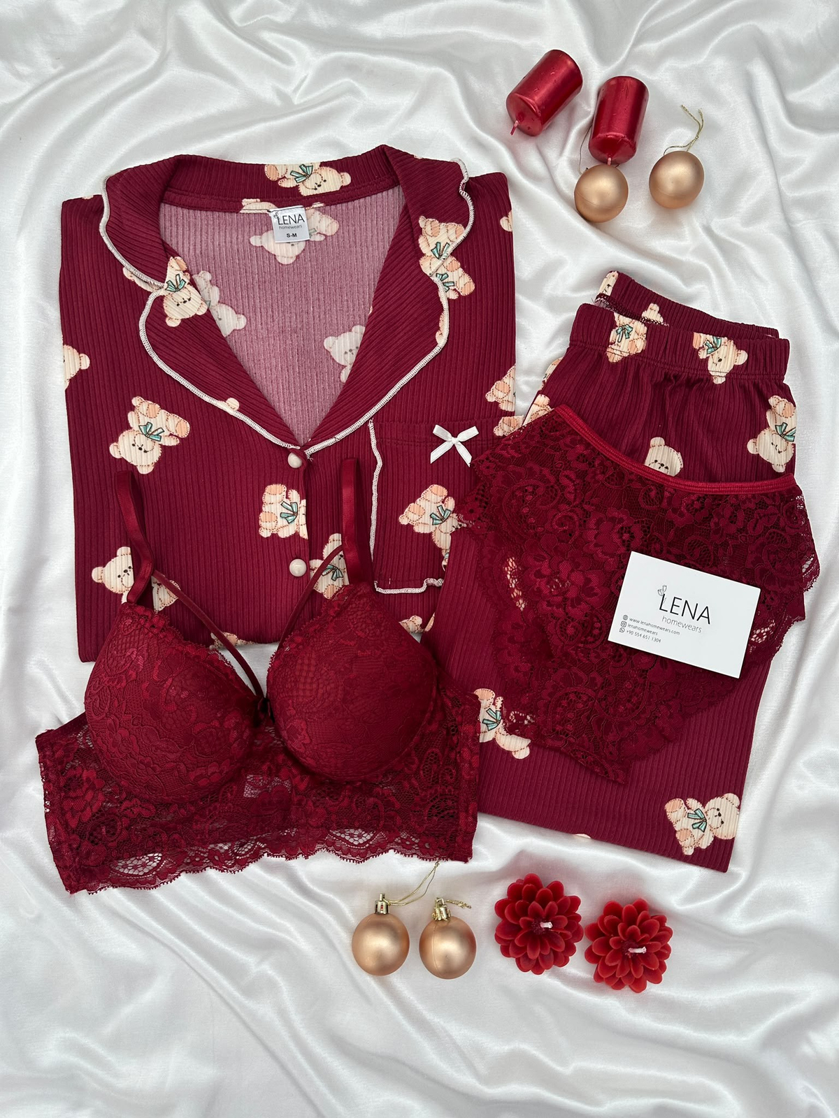 Bordo Ayıcık 4'lü Pijama & Çamaşır Seti 