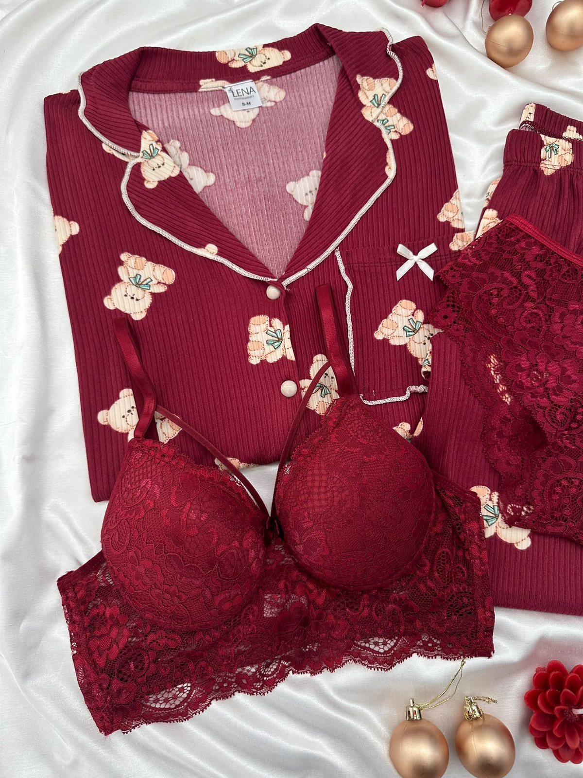 Bordo Ayıcık 4'lü Pijama & Çamaşır Seti 