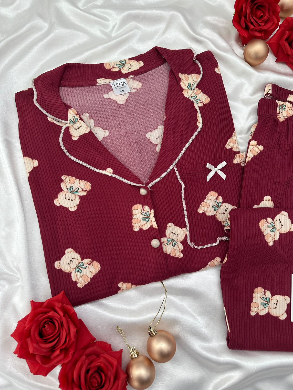 Bordo Ayıcık Uzun Kollu Termosoft Pijama Takımı