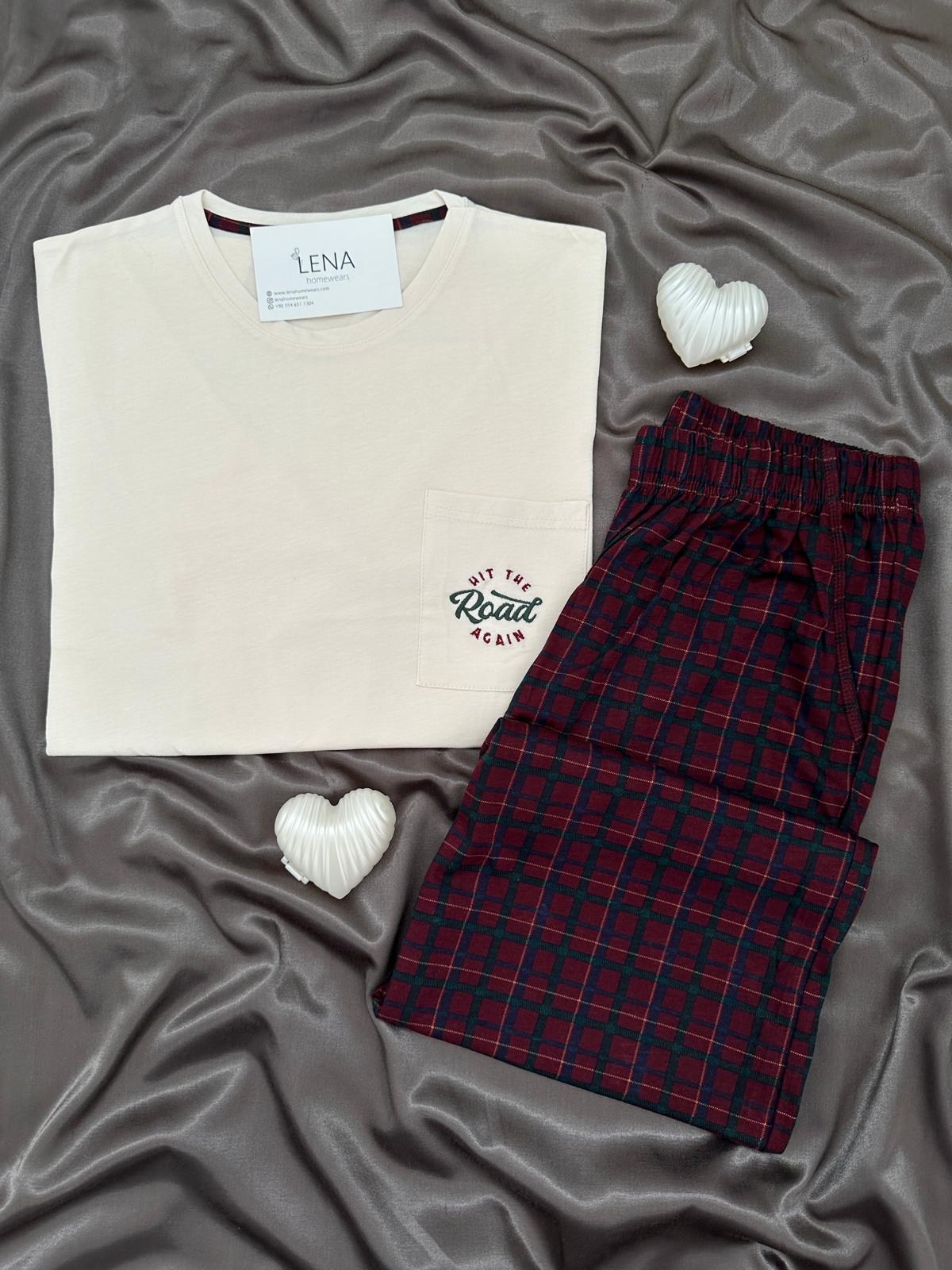 Bordo Ekose Erkek Uzun kollu Pamuklu Pijama Takımı