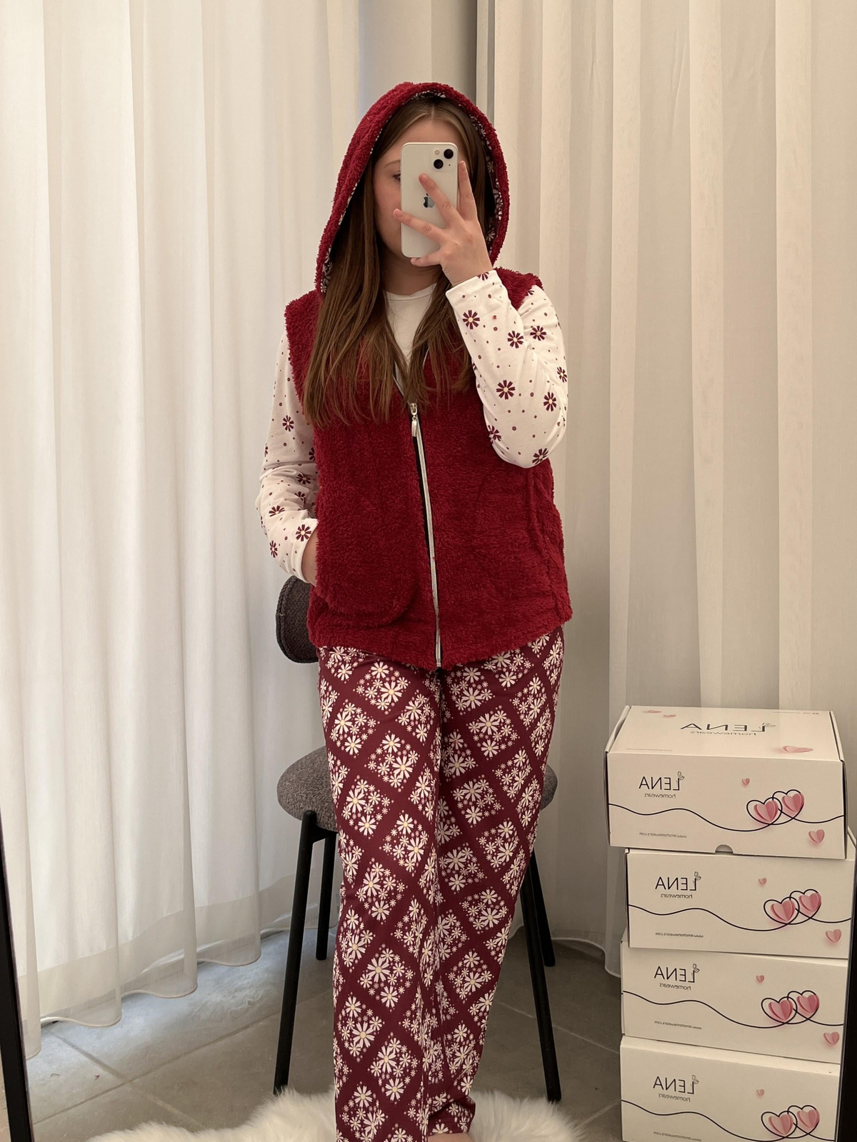 Bordo Peluş Yelekli 3'lü Takım