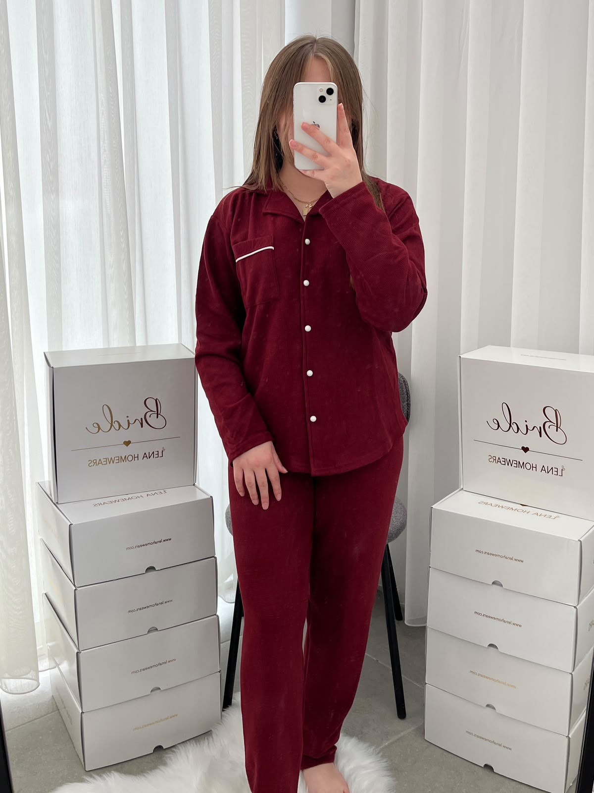 Bordo Sade 4'lü Waffle Pijama Takımı