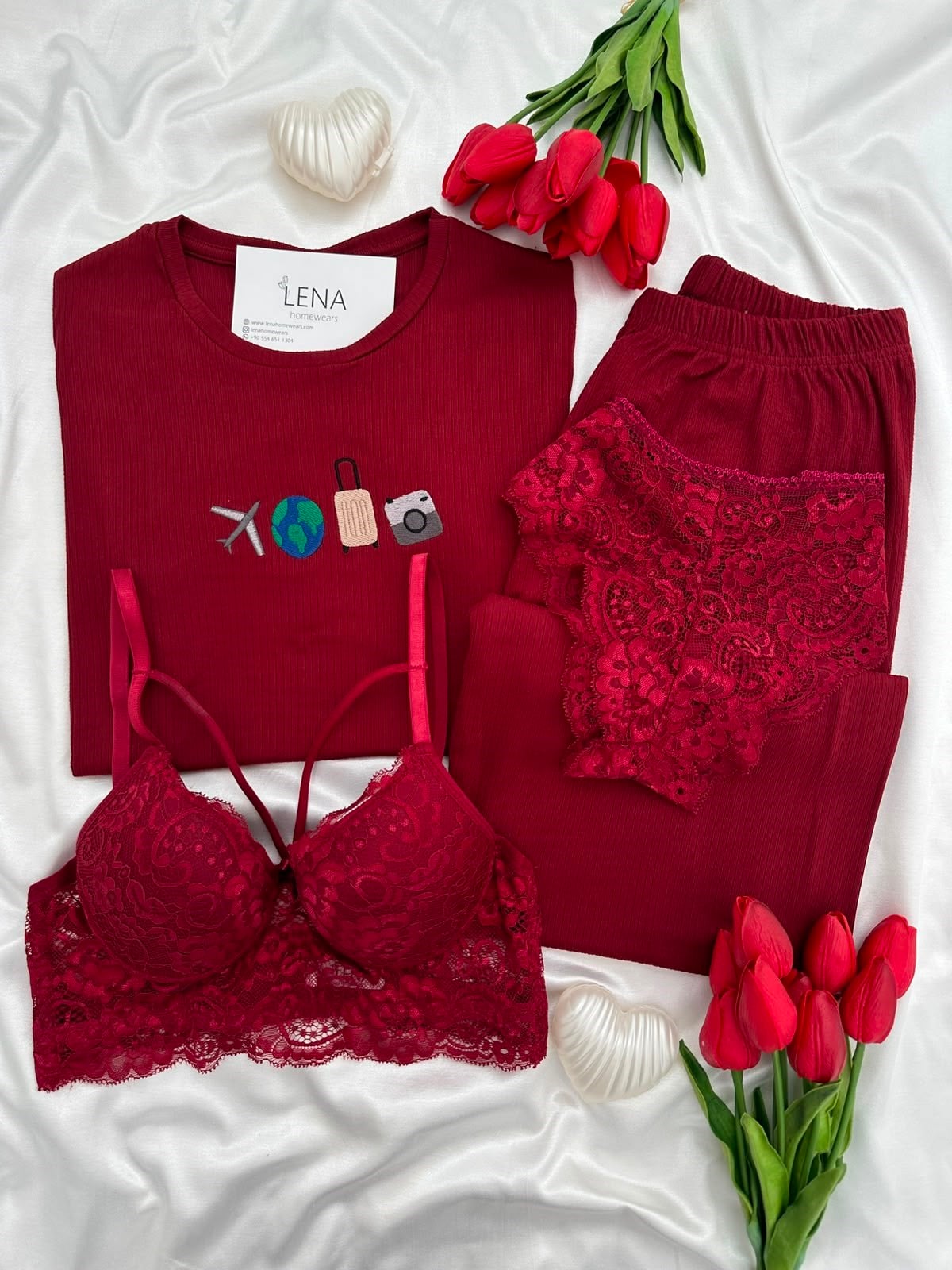 Bordo Seyehat Nakışlı Pijama & Çamaşır Seti 