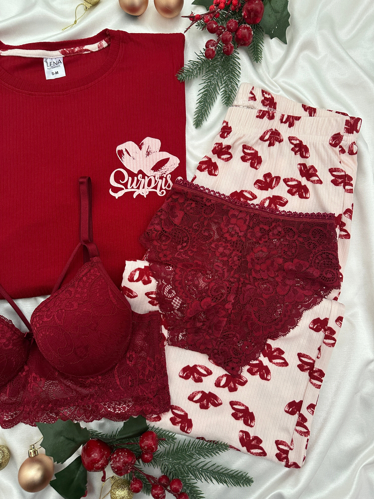 Bordo Surprise Kurdele Desenli 4'lü Berlin Pijama Takımı