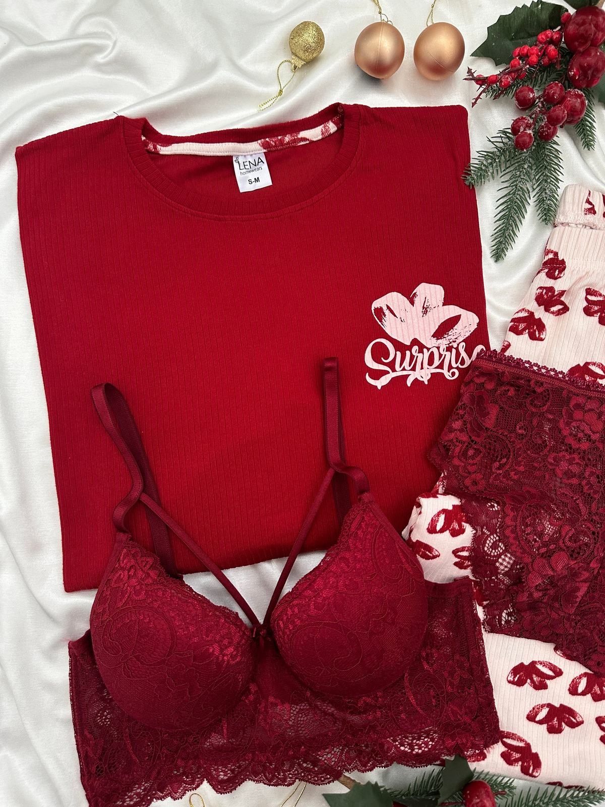 Bordo Surprise Kurdele Desenli 4'lü Berlin Pijama Takımı