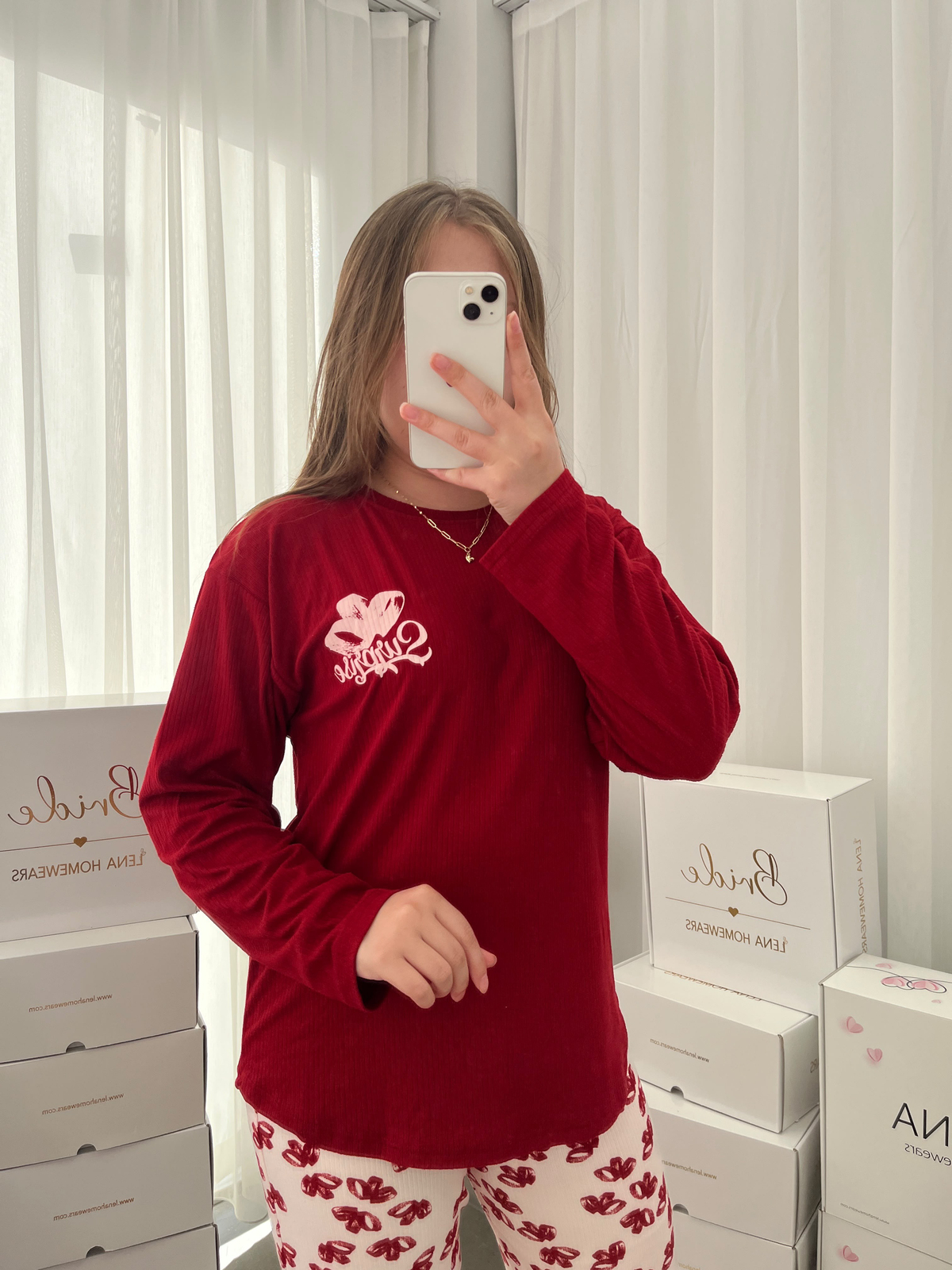 Bordo Surprise Kurdele Desenli Berlin Pijama Takımı
