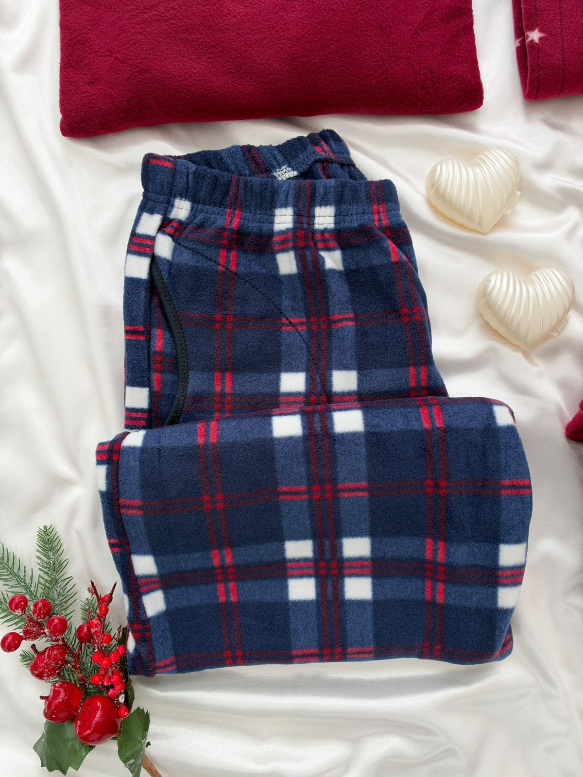 Bordo Yıldız & Lacivert Ekose Sevgili Çift Uzun Kollu Pijama Takımı (2'Lİ SET)