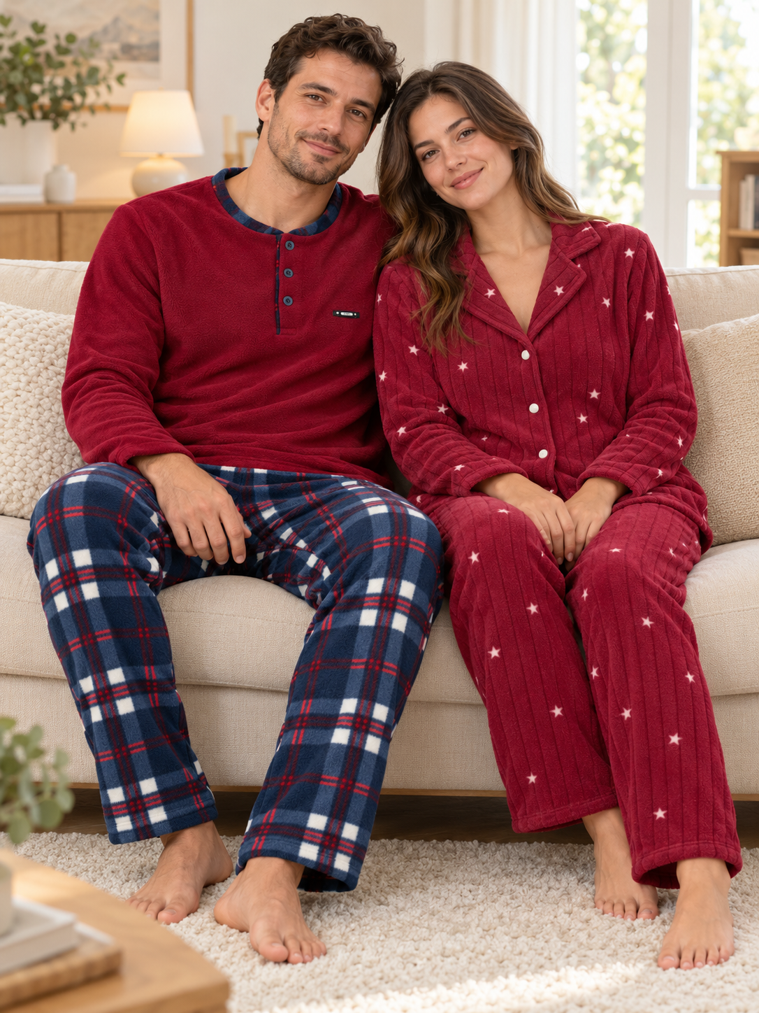 Bordo Yıldız & Lacivert Ekose Sevgili Çift Uzun Kollu Pijama Takımı (2'Lİ SET)