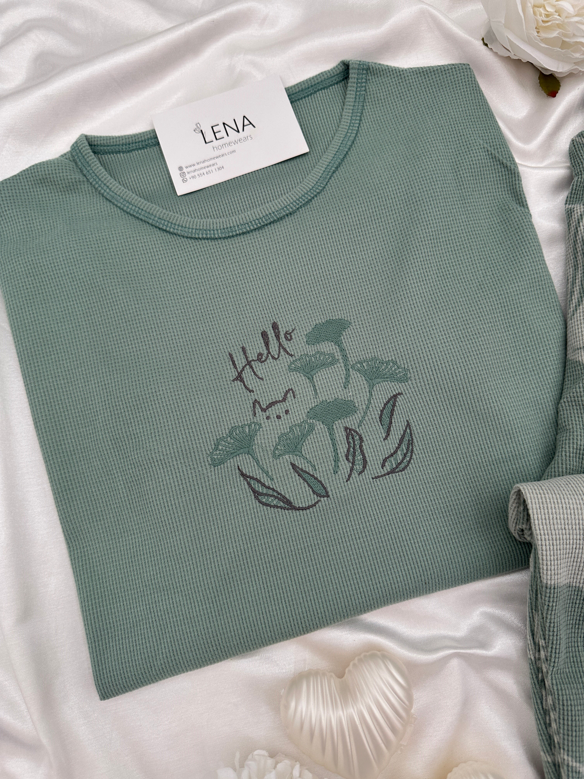 Çağla Yaprak Desenli Waffle Pijama Takımı
