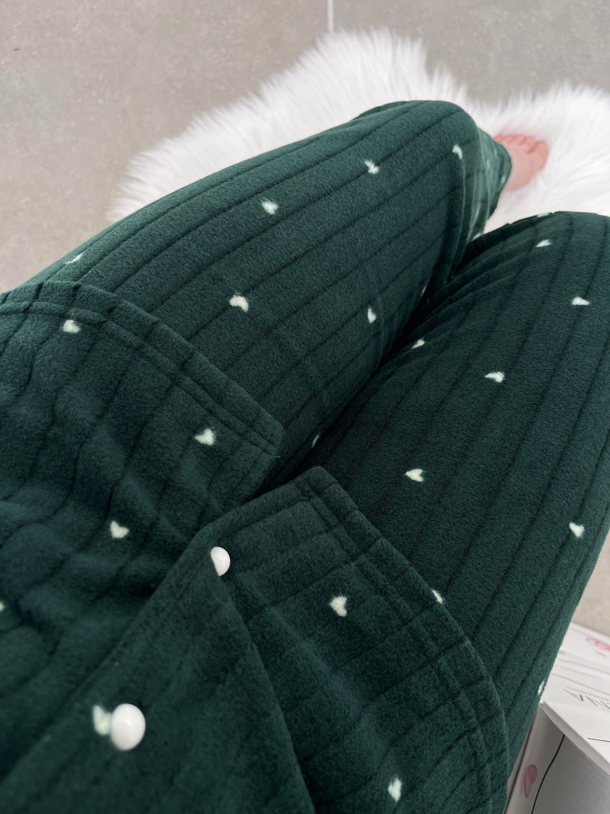 Ekru Kalp Desenli Uzun Kollu Peluş Pijama Takımı