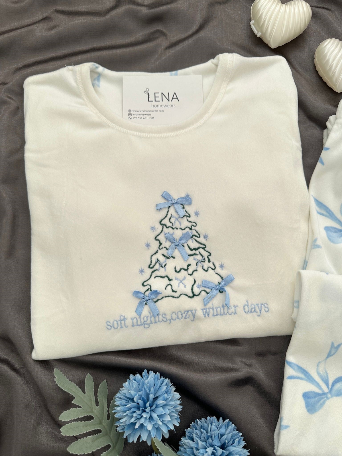 Ekru Kurdele Desenli 4'lü Fransız Kadife Pijama Takımı