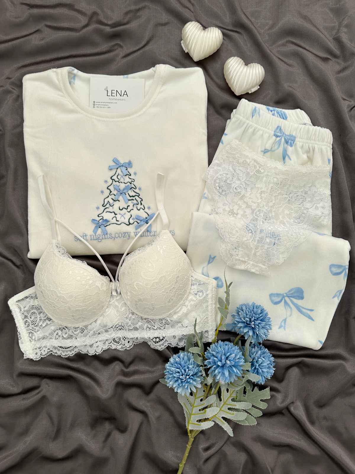 Ekru Kurdele Desenli 4'lü Fransız Kadife Pijama Takımı