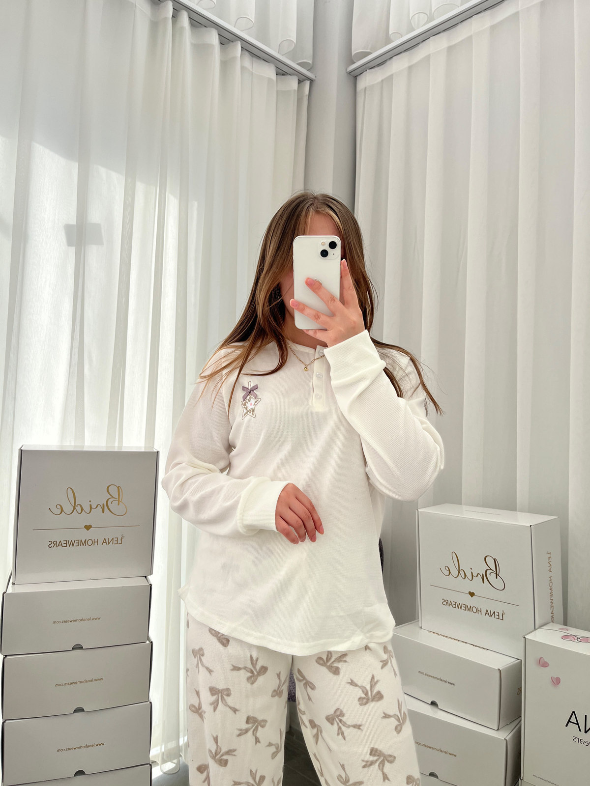 Ekru Kurdele Desenli Patlı Waffle Pijama Takımı