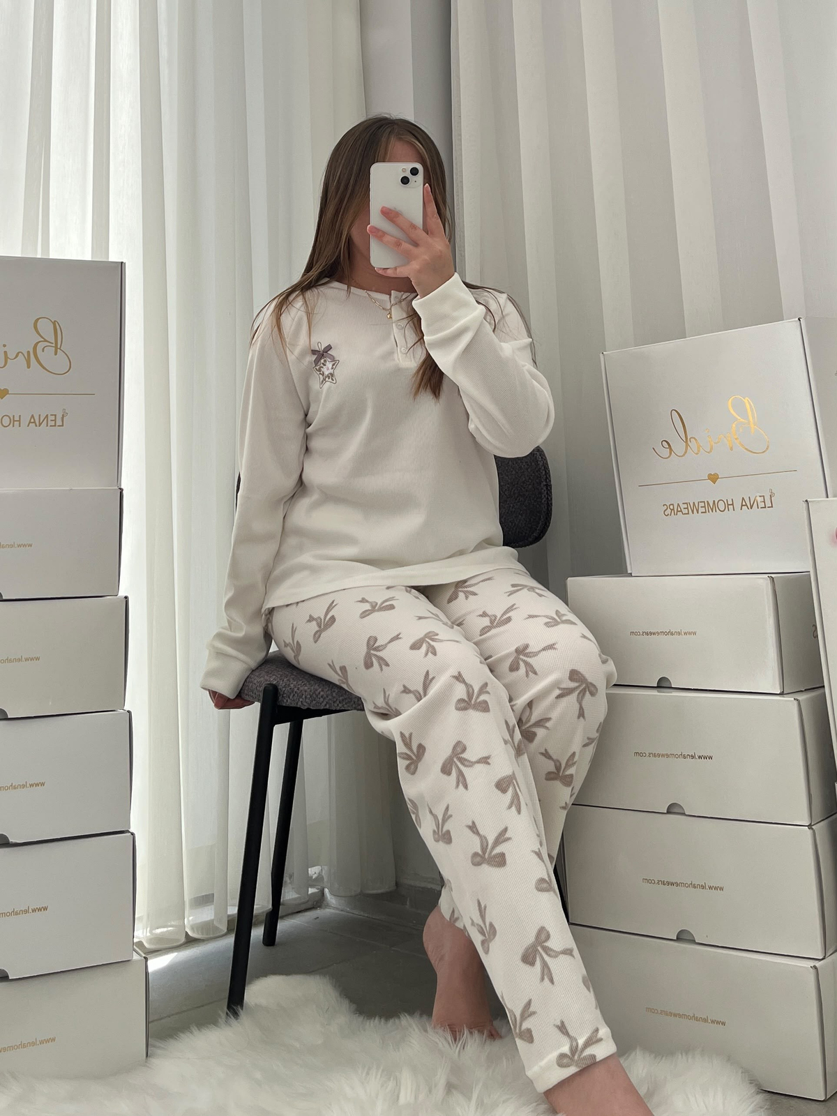 Ekru Kurdele Desenli Patlı Waffle Pijama Takımı