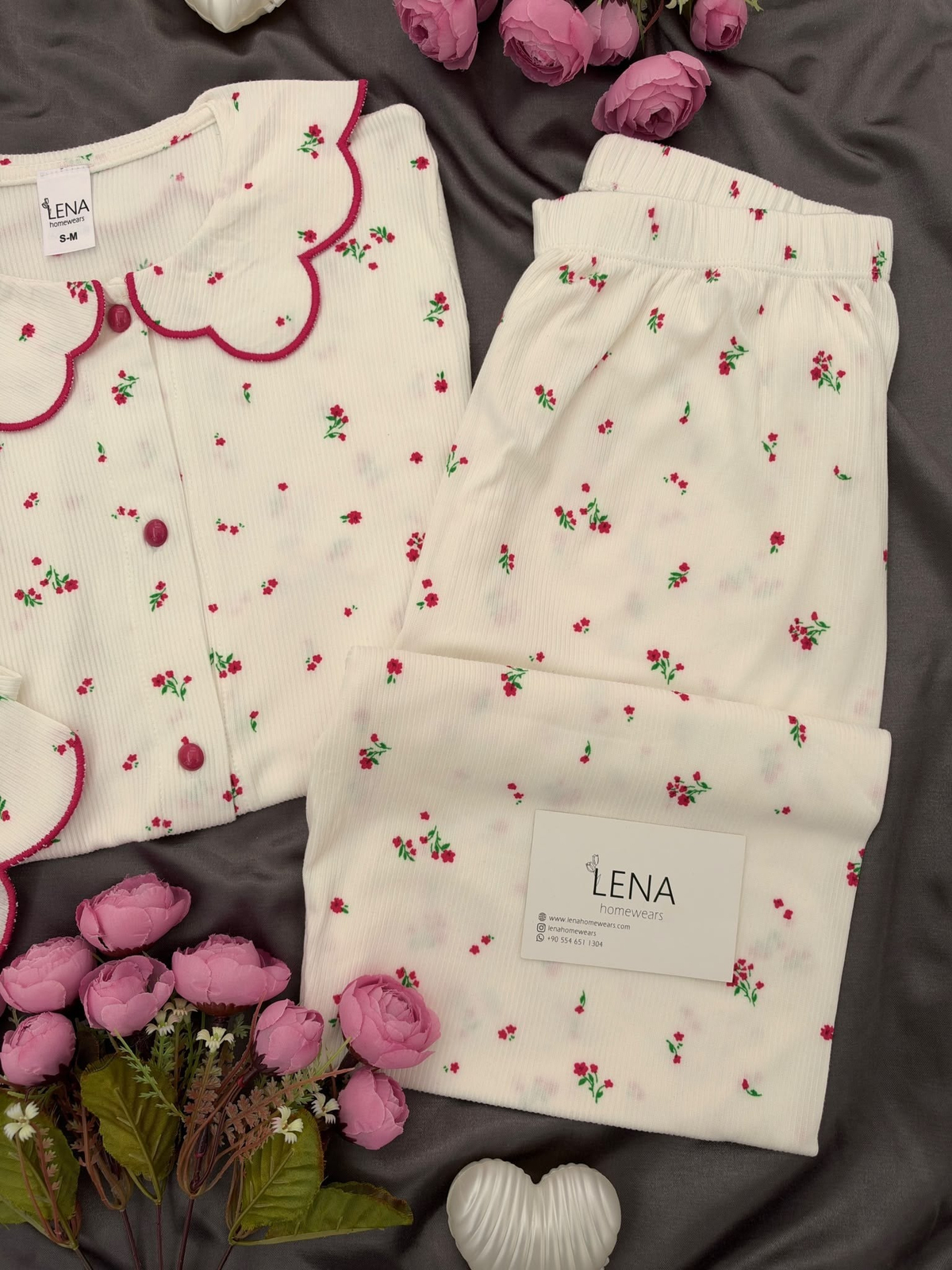 Ekru Nakış Uzun Kollu Berlin Pijama Takımı