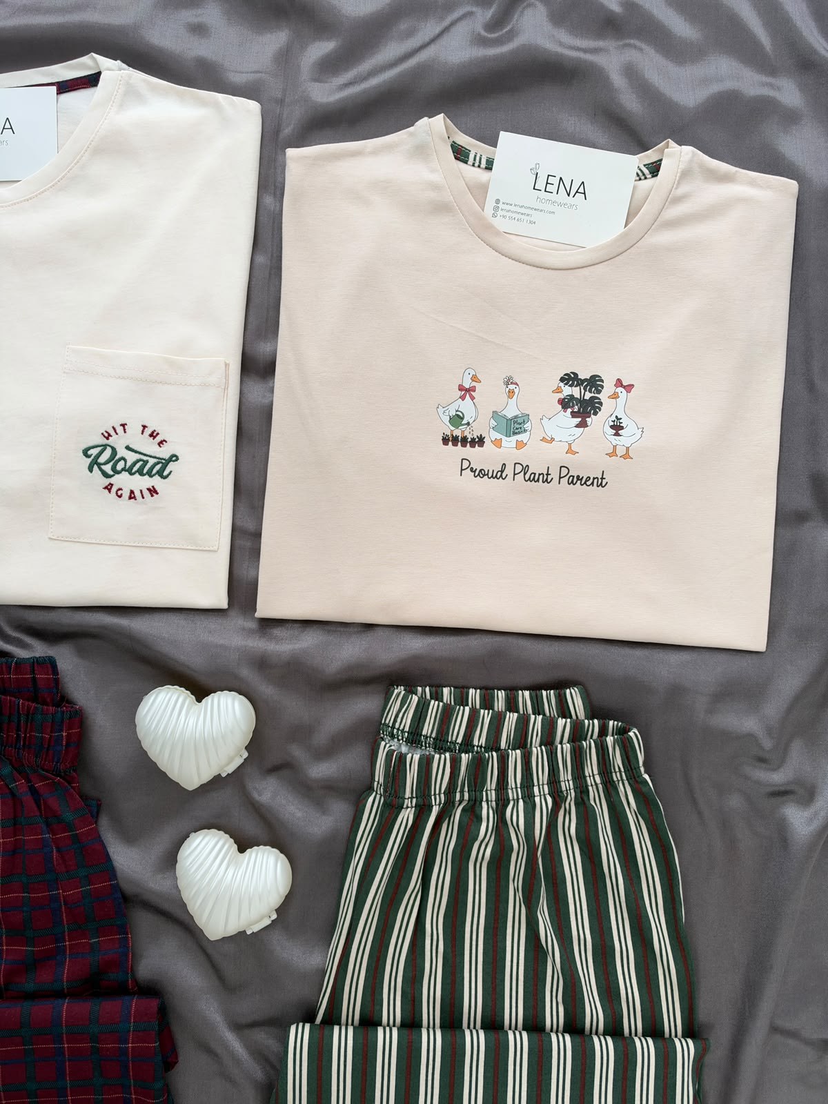 Ekru Ördek & Çizgi ve Ekose Desenli Sevgili Çift Uzun Kollu Pijama Takımı (2'Lİ SET)