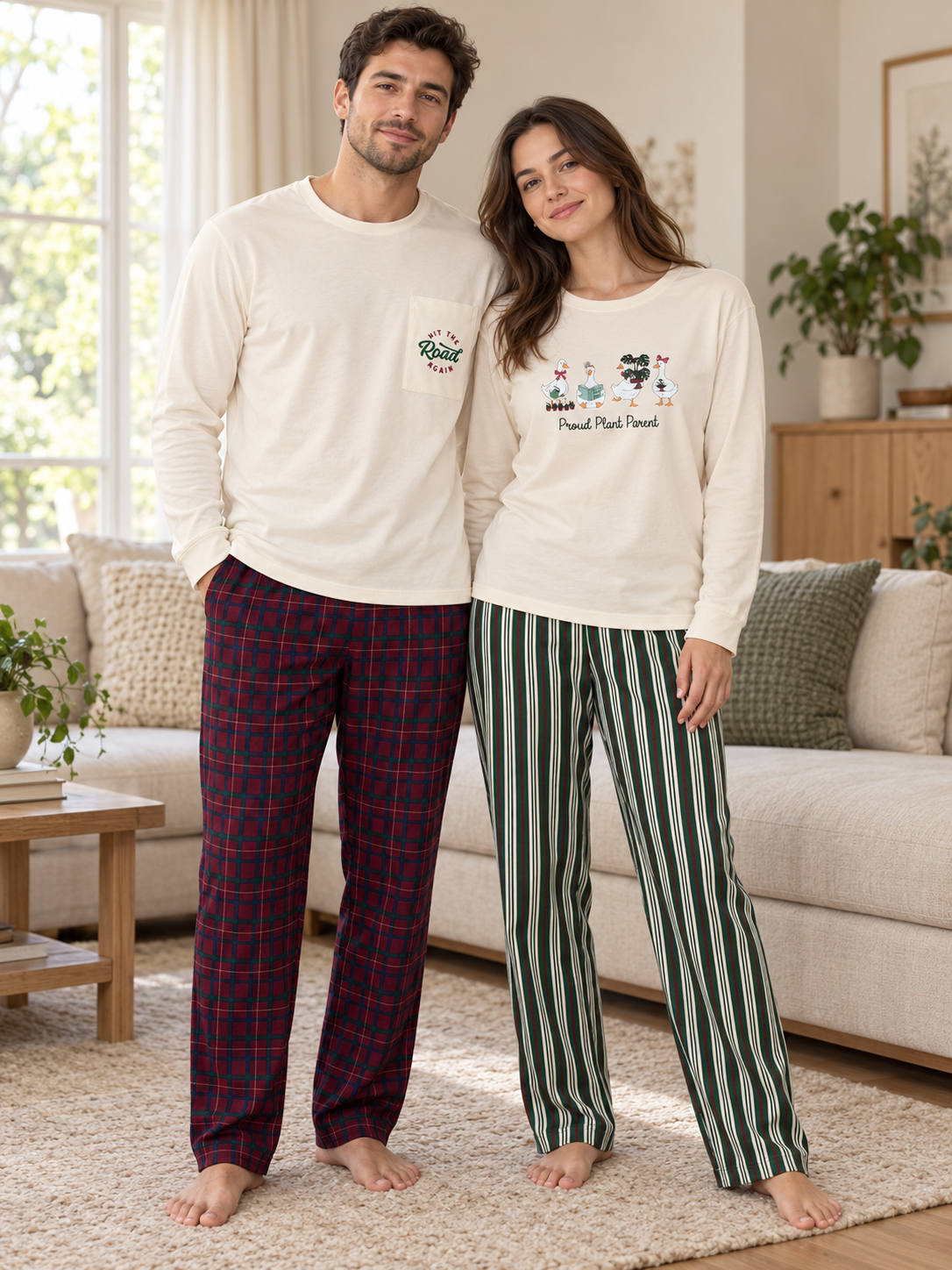 Ekru Ördek & Çizgi ve Ekose Desenli Sevgili Çift Uzun Kollu Pijama Takımı (2'Lİ SET)