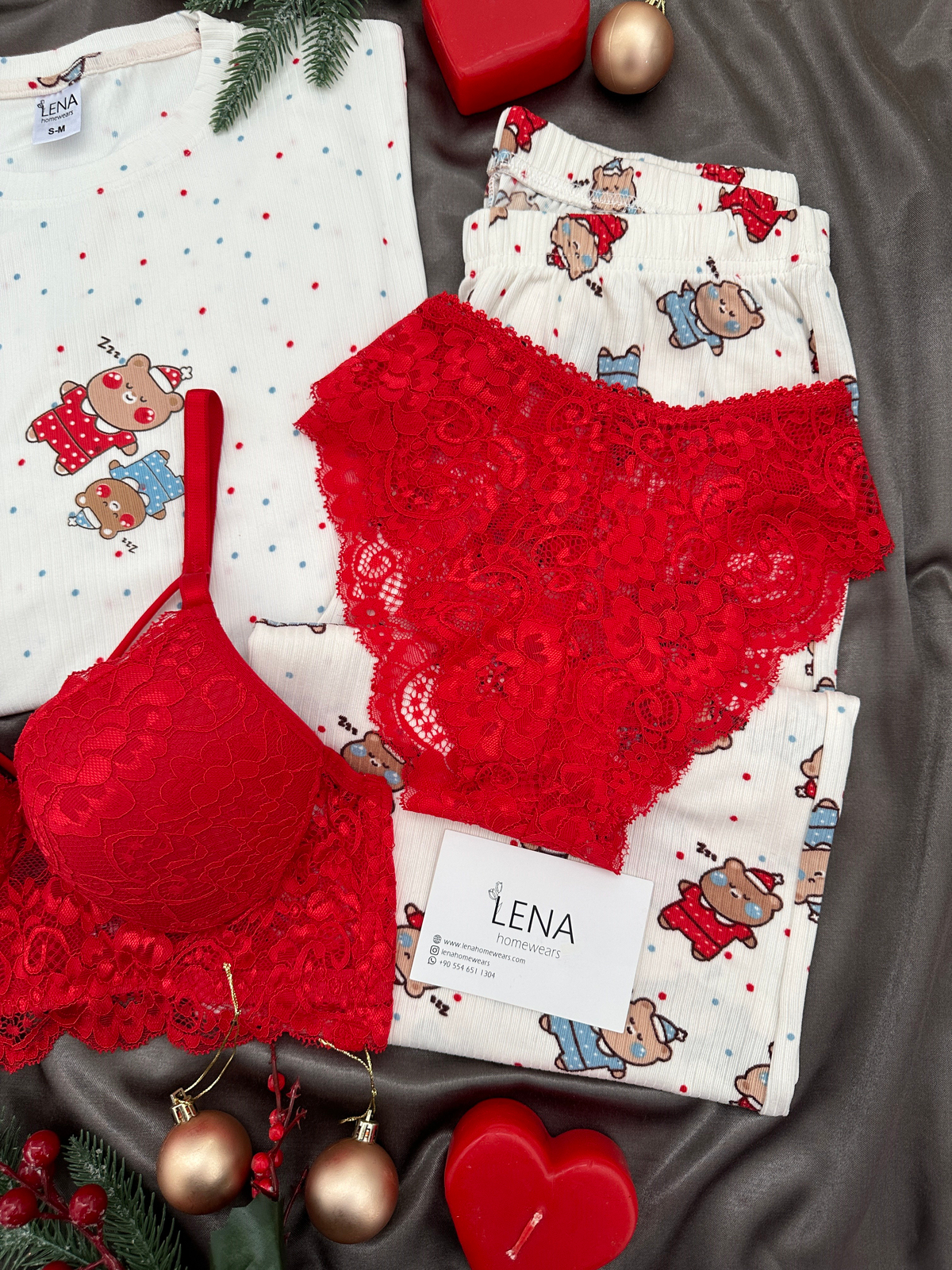 Ekru Uykucu Ayıcık Desenli 4'lü Berlin Pijama Takımı
