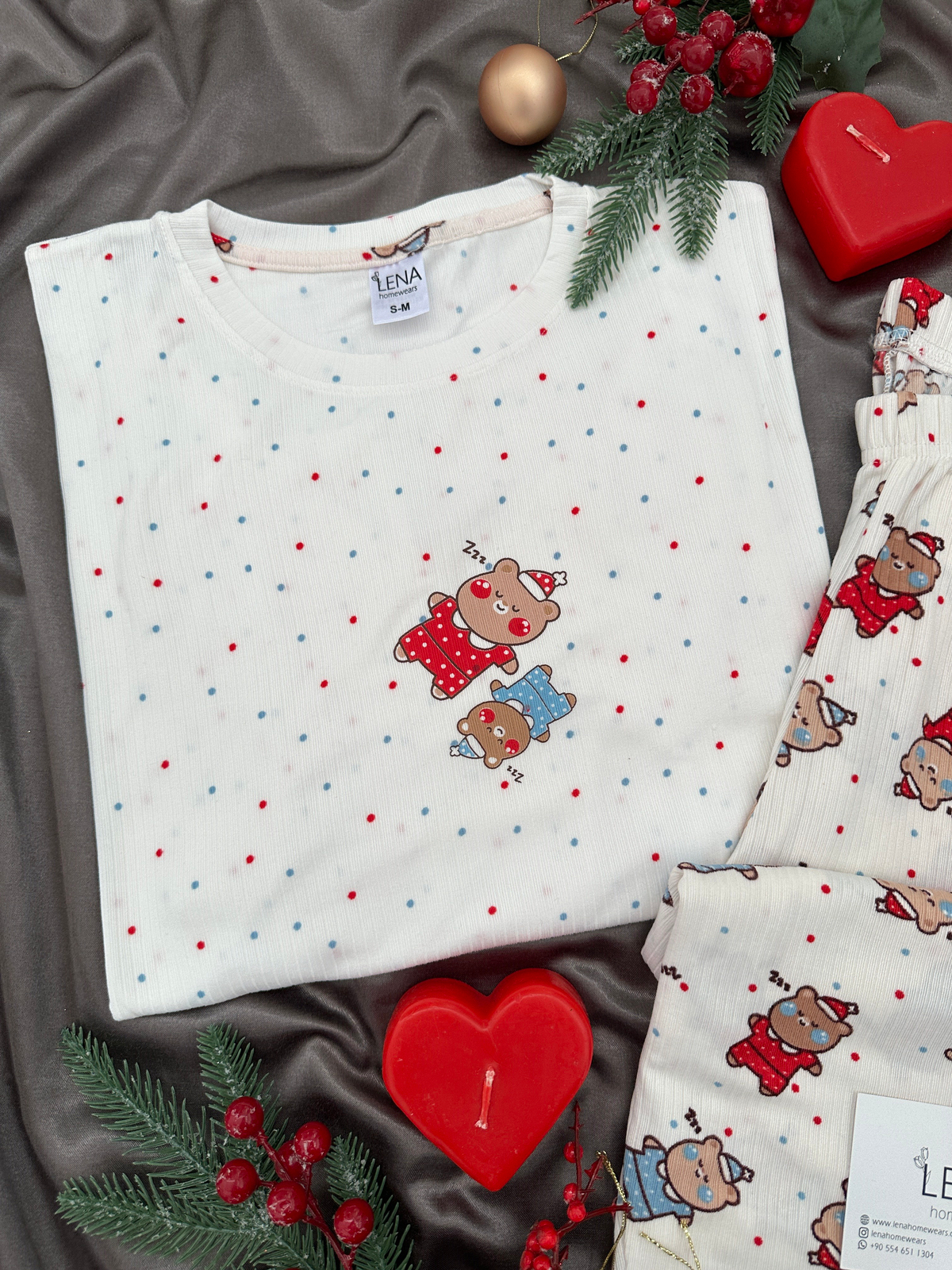 Ekru Uykucu Ayıcık Desenli Berlin Pijama Takımı