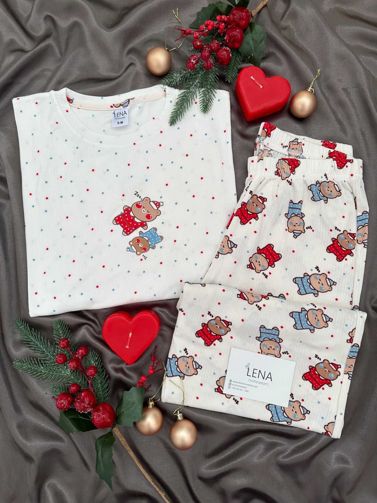Ekru Uykucu Ayıcık Desenli Berlin Pijama Takımı