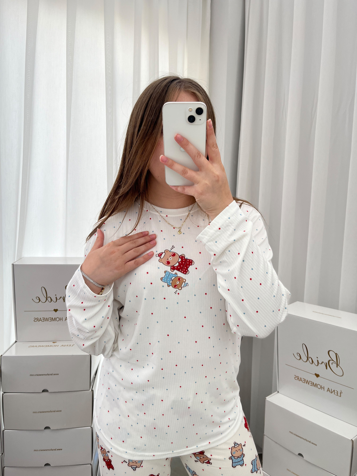 Ekru Uykucu Ayıcık Desenli Berlin Pijama Takımı