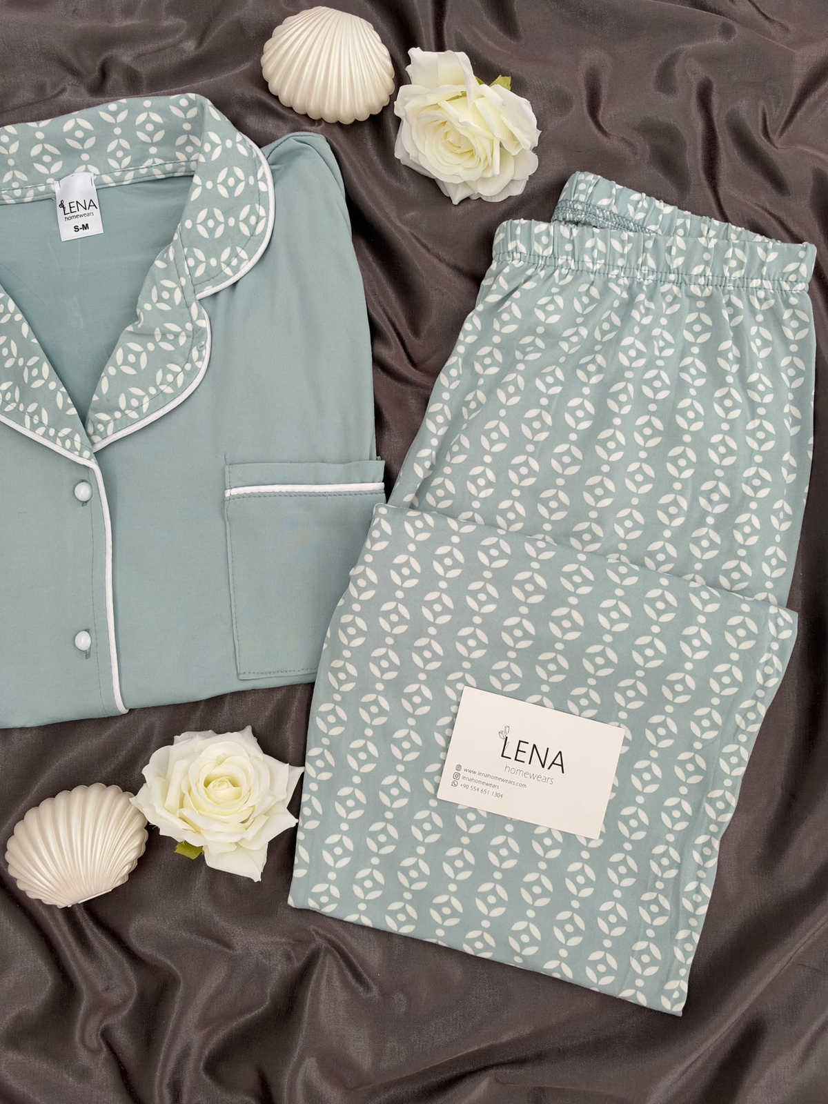 Ekru Yaprak Desenli Mint Milan Uzun Kollu Pijama Takımı