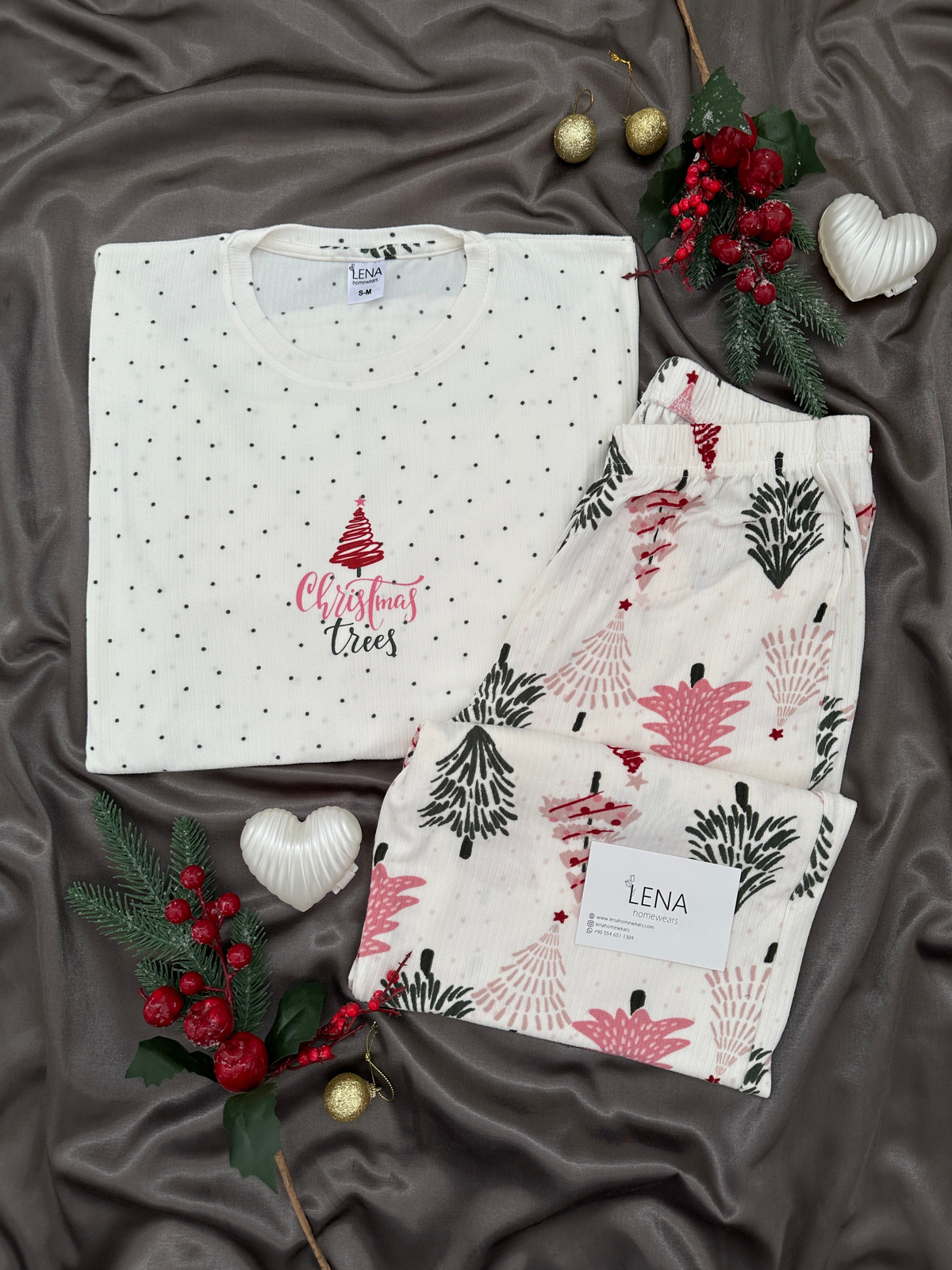 Ekru Yılbaşı Ağacı Desenli Berlin Pijama Takımı