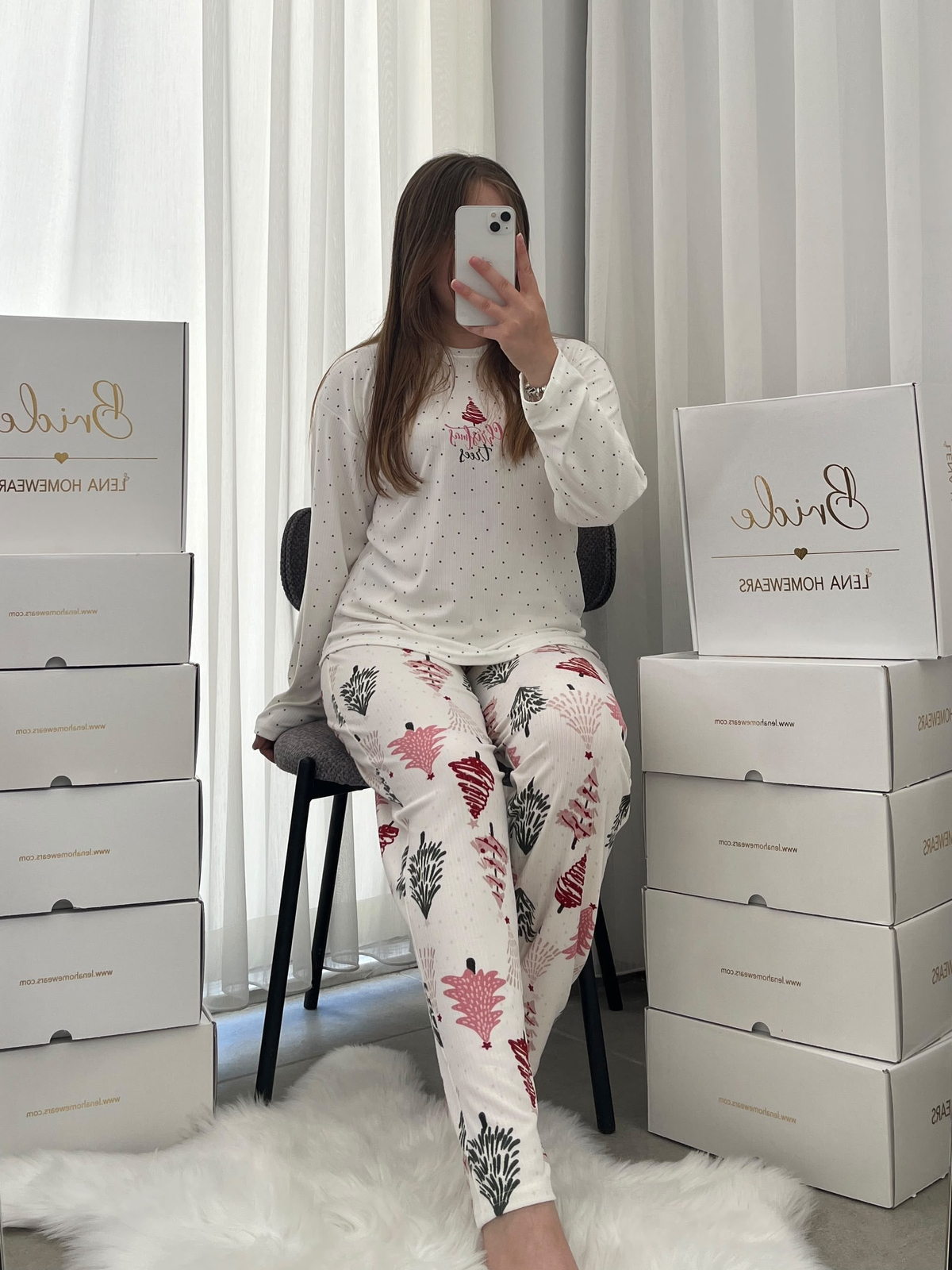 Ekru Yılbaşı Ağacı Desenli Berlin Pijama Takımı
