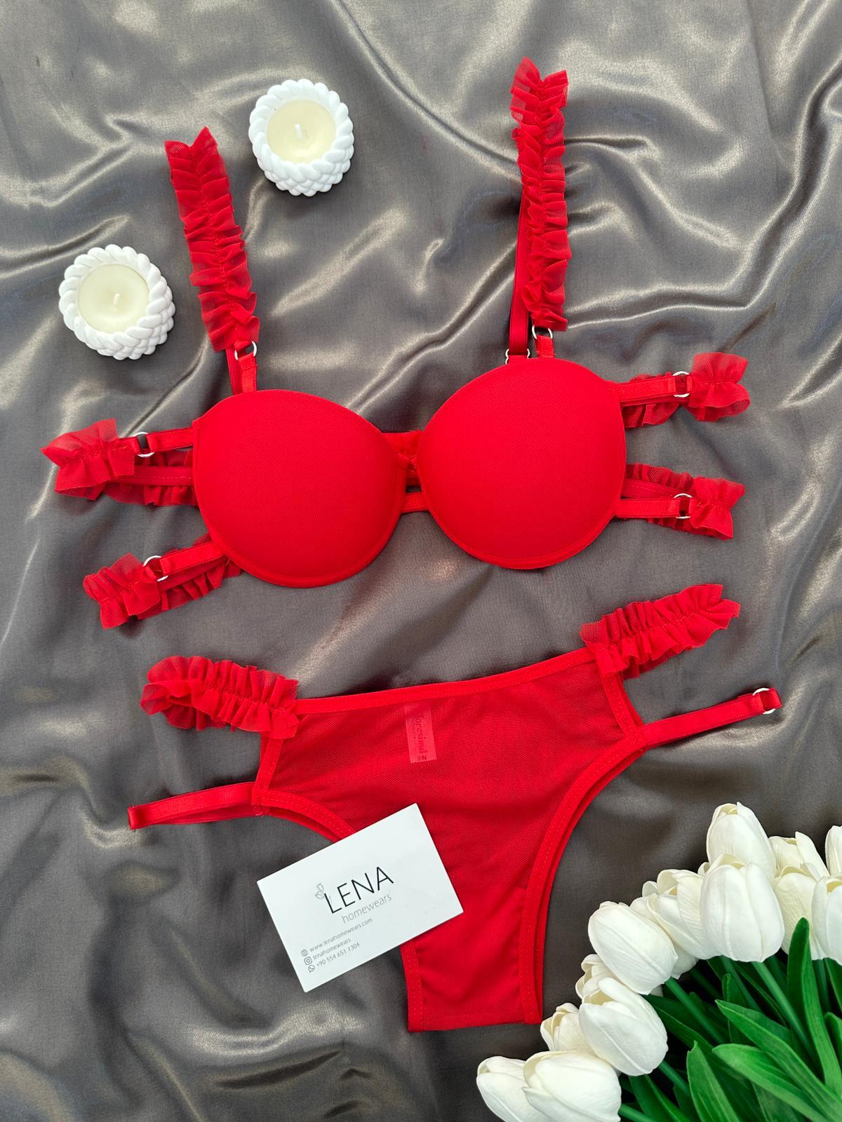 Fırfırlı Kırmızı Destekli Sütyen Takımı