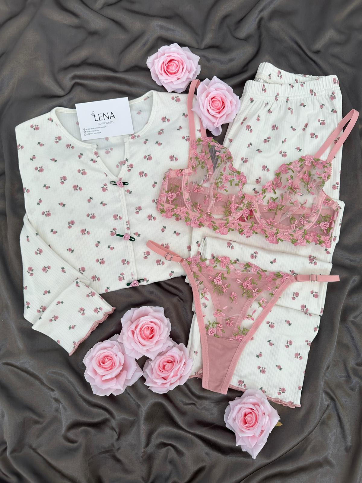 Flowy Çiçek Desenli Dörtlü Pijama Seti