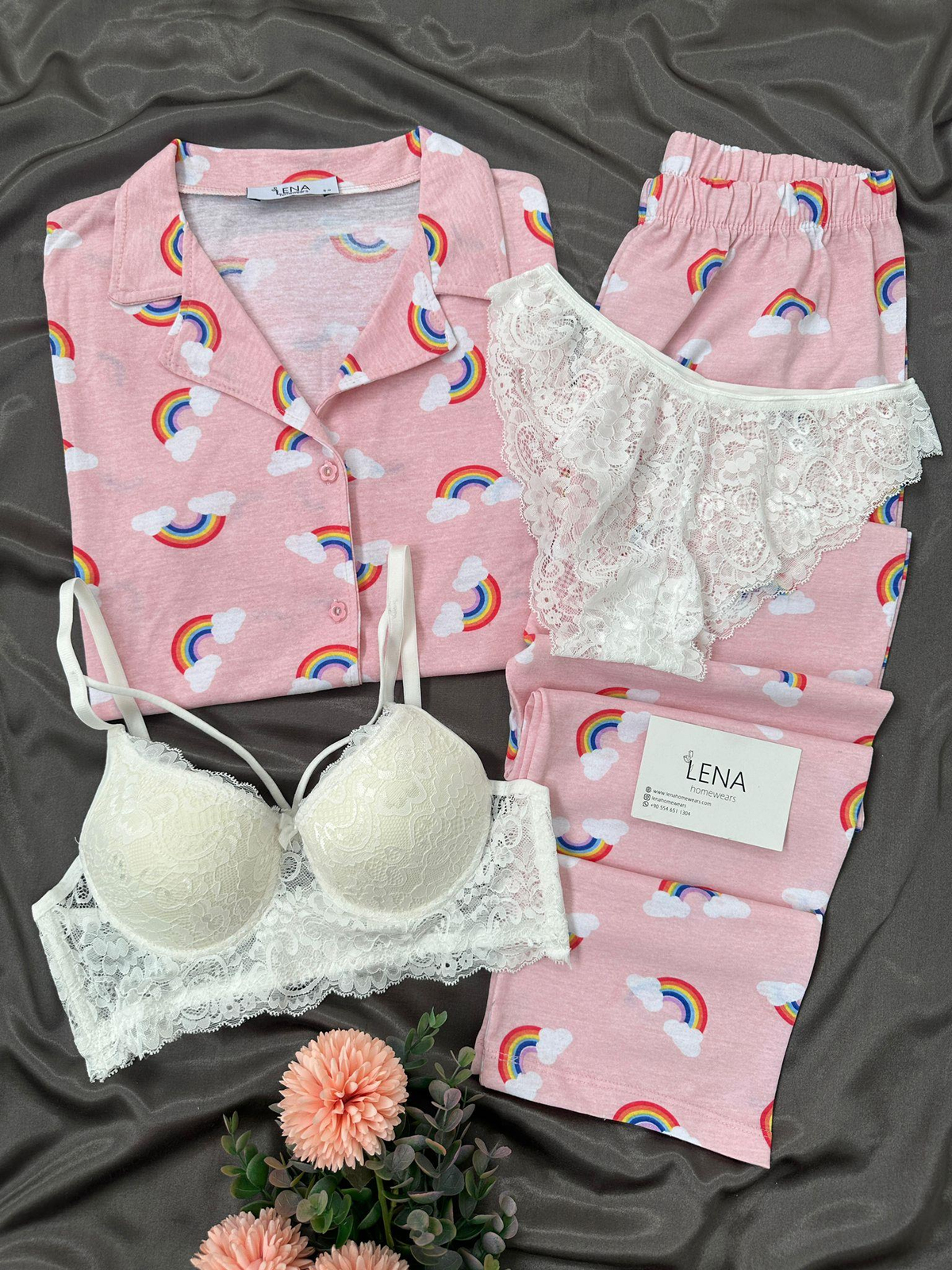 Gökkuşağı Dörtlü Kısa Kollu Pamuklu Pijama Takımı