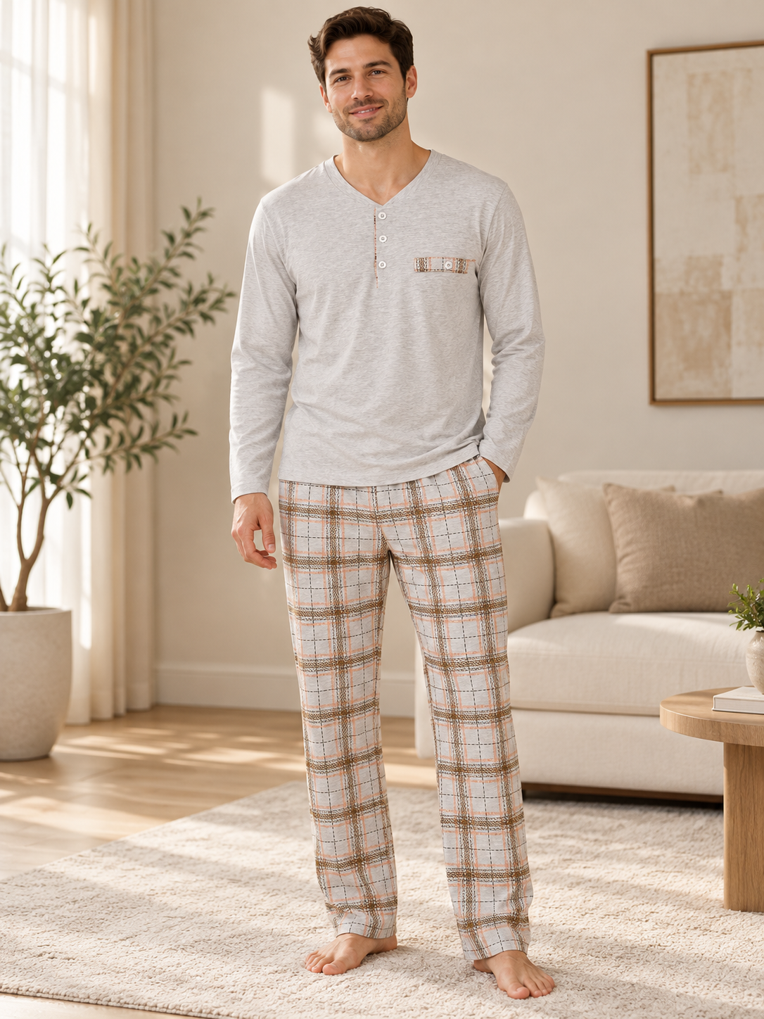 Gri Ekose Erkek Uzun kollu Pamuklu Pijama Takımı