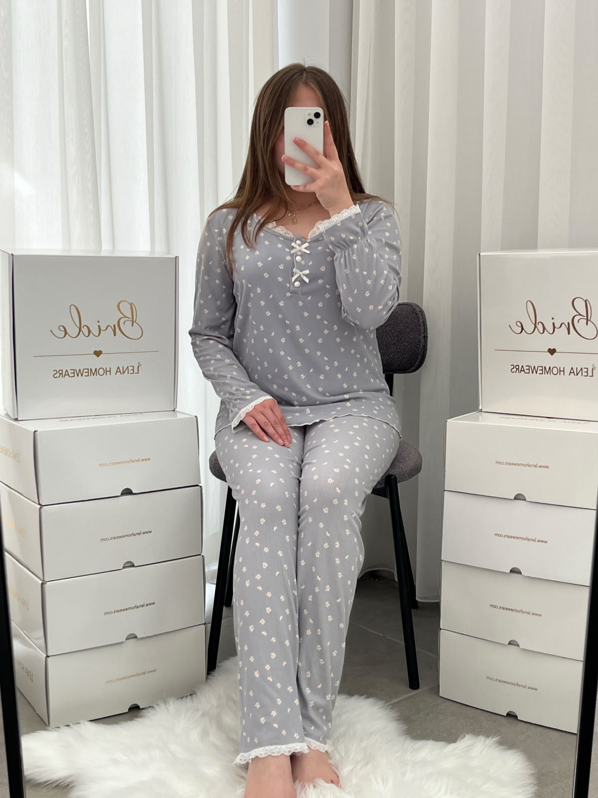 Gri Mini Papatya 4'lü Pijama & Çamaşır Seti
