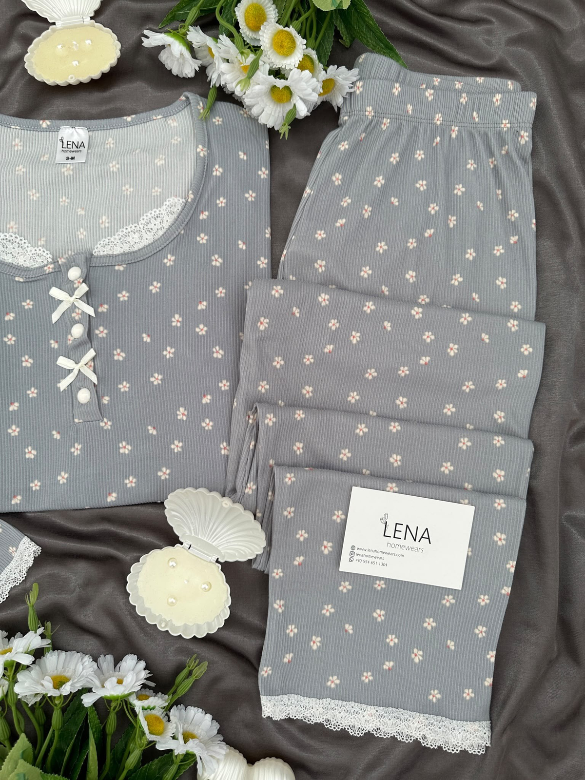 Gri Mini Papatya Uzun Kollu Berlin Pijama Takımı