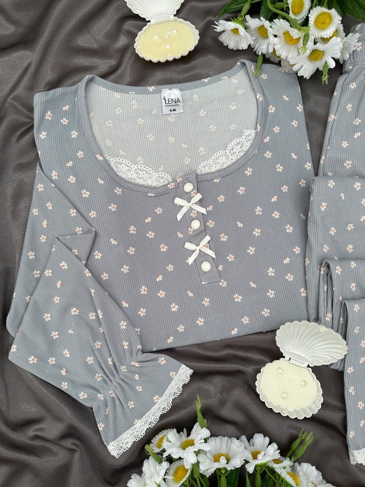 Gri Mini Papatya Uzun Kollu Berlin Pijama Takımı