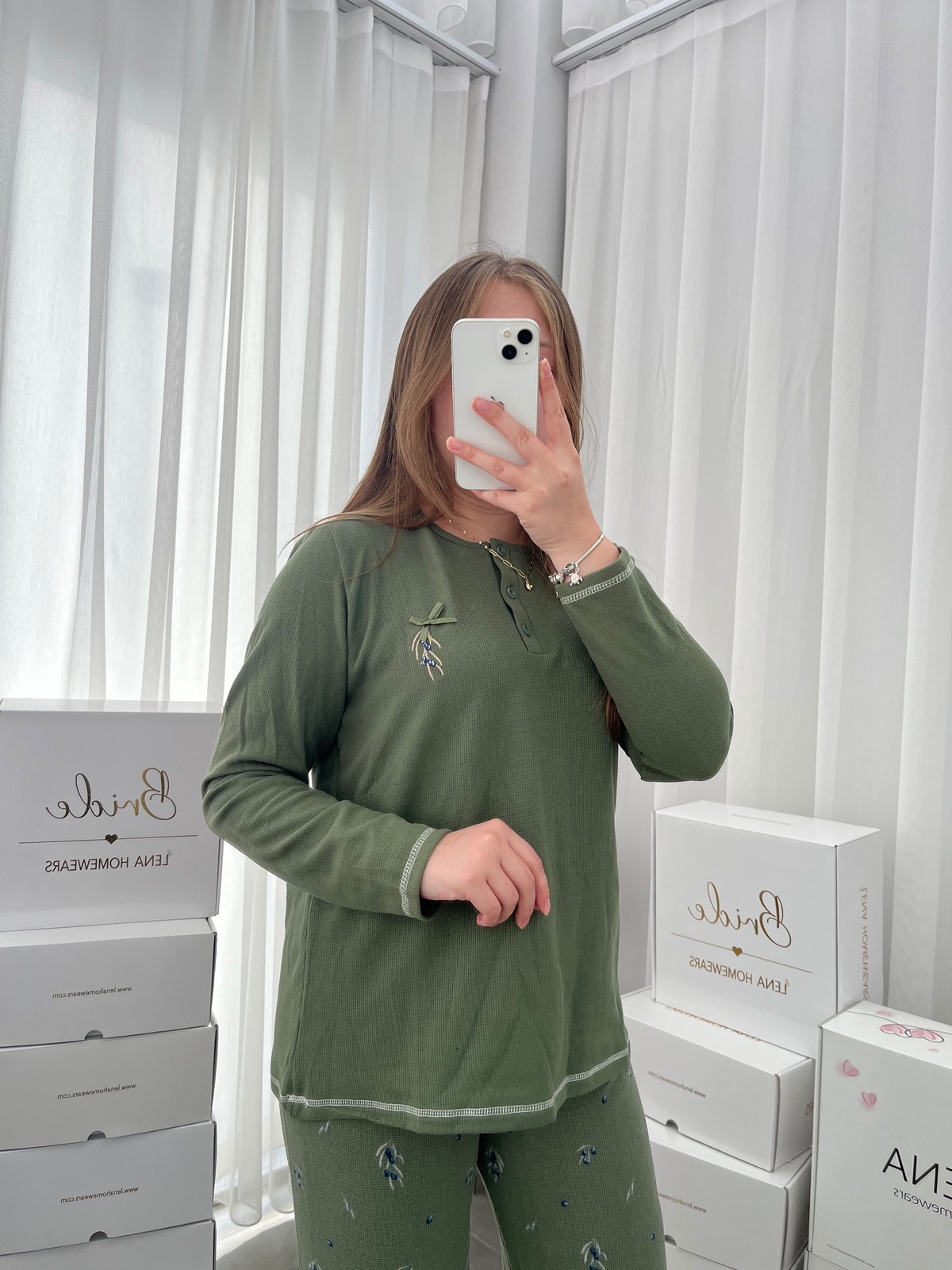 Haki Zeytin Desenli 4'lü Patlı Waffle Pijama Takımı