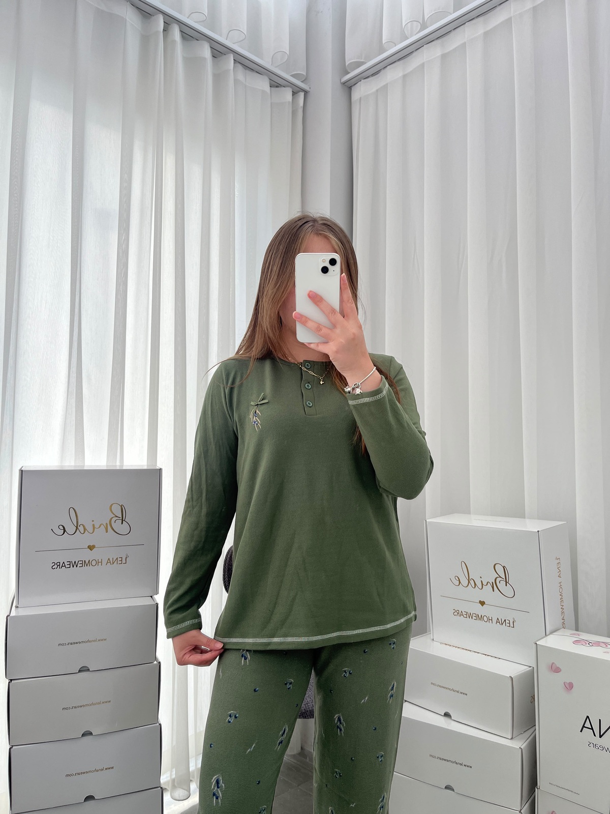 Haki Zeytin Desenli Patlı Waffle Pijama Takımı