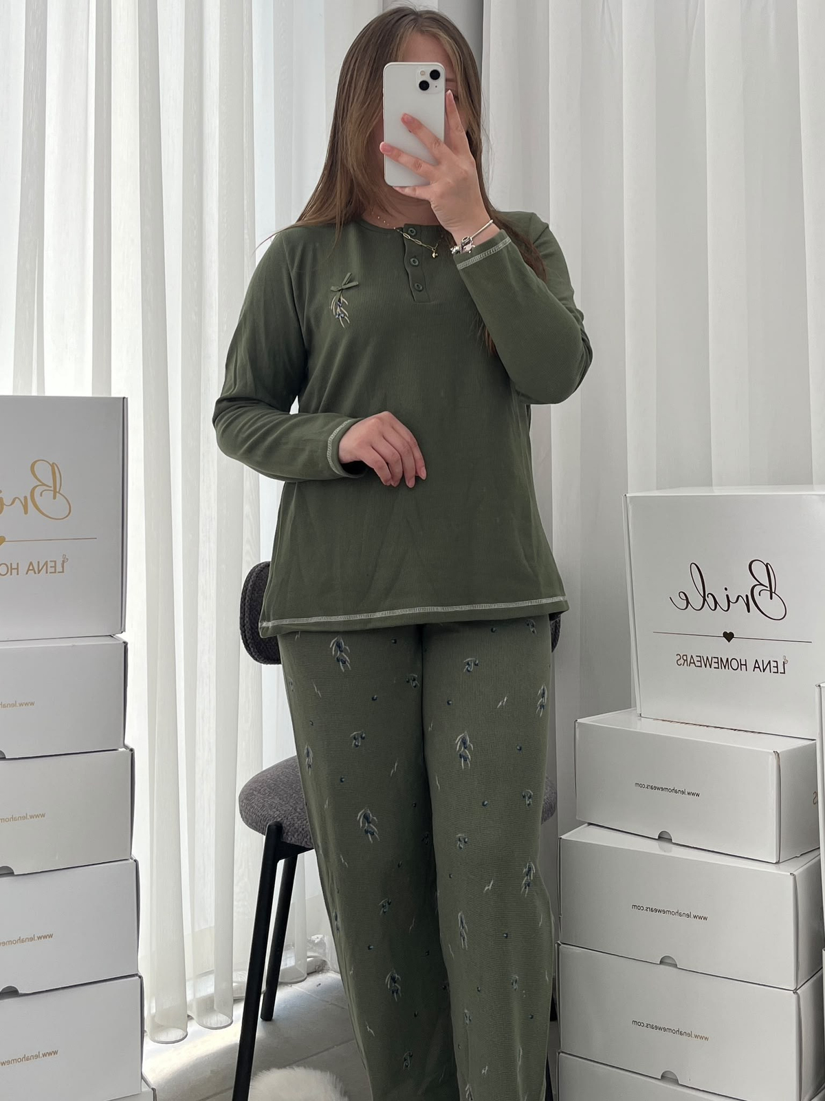 Haki Zeytin Desenli Patlı Waffle Pijama Takımı