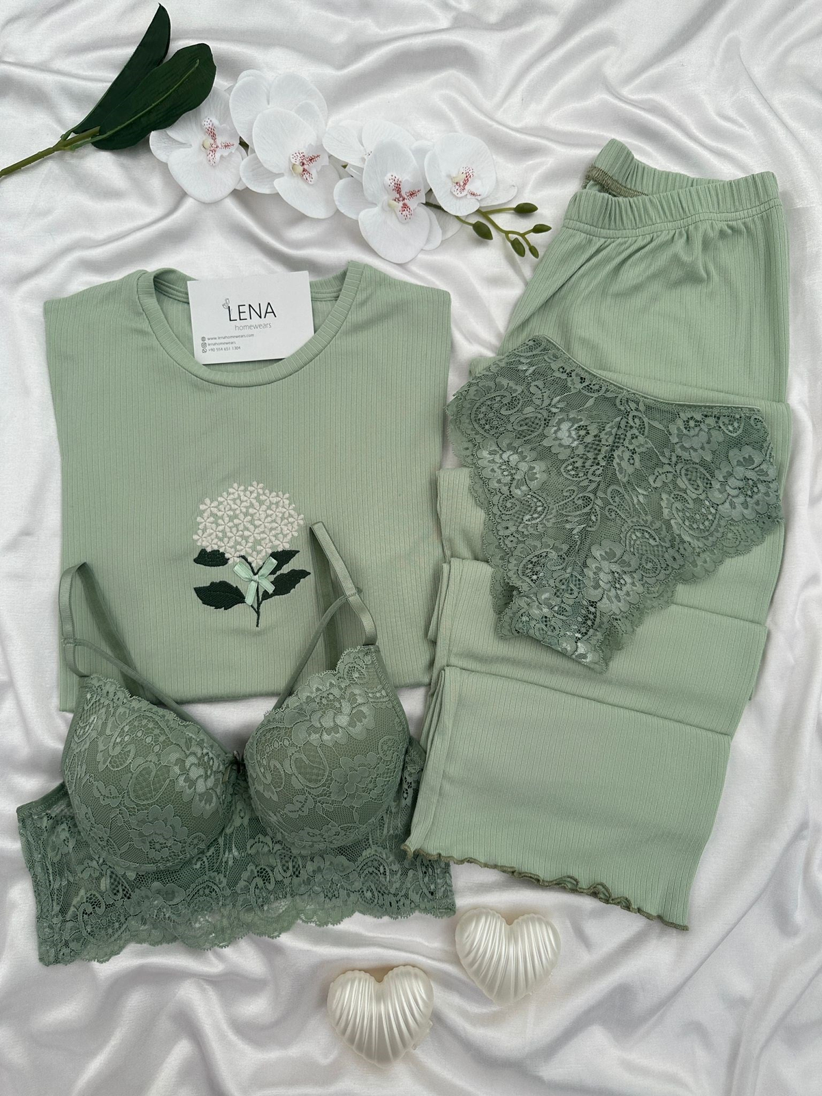 Kadın Çağla Nakışlı Kısa Kollu Dörtlü Pijama Takımı 