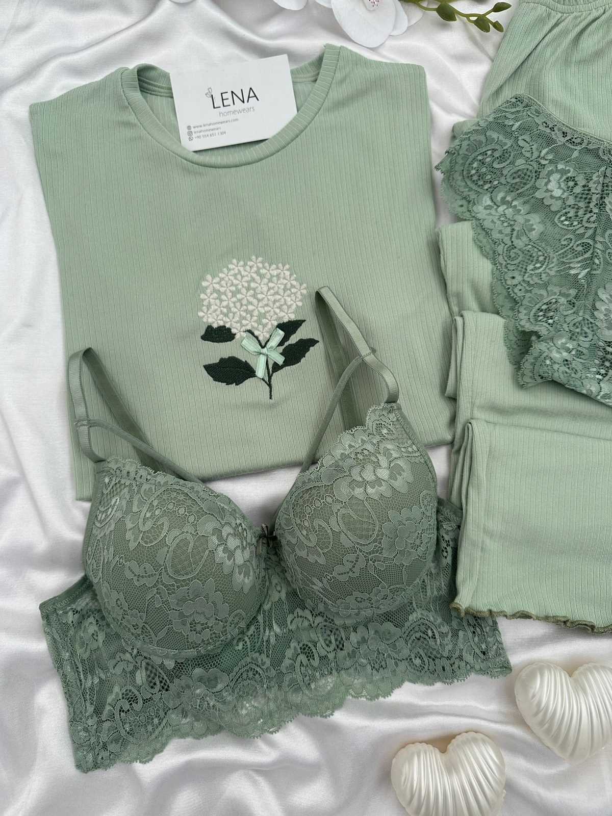Kadın Çağla Nakışlı Kısa Kollu Dörtlü Pijama Takımı 