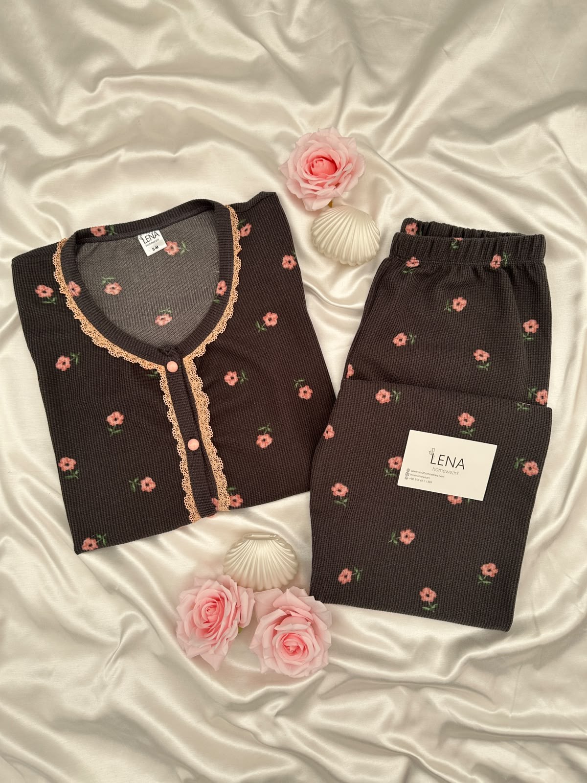 Kadın Kahverengi Gül Desenli Waffle Uzun Kollu Pijama Takımı