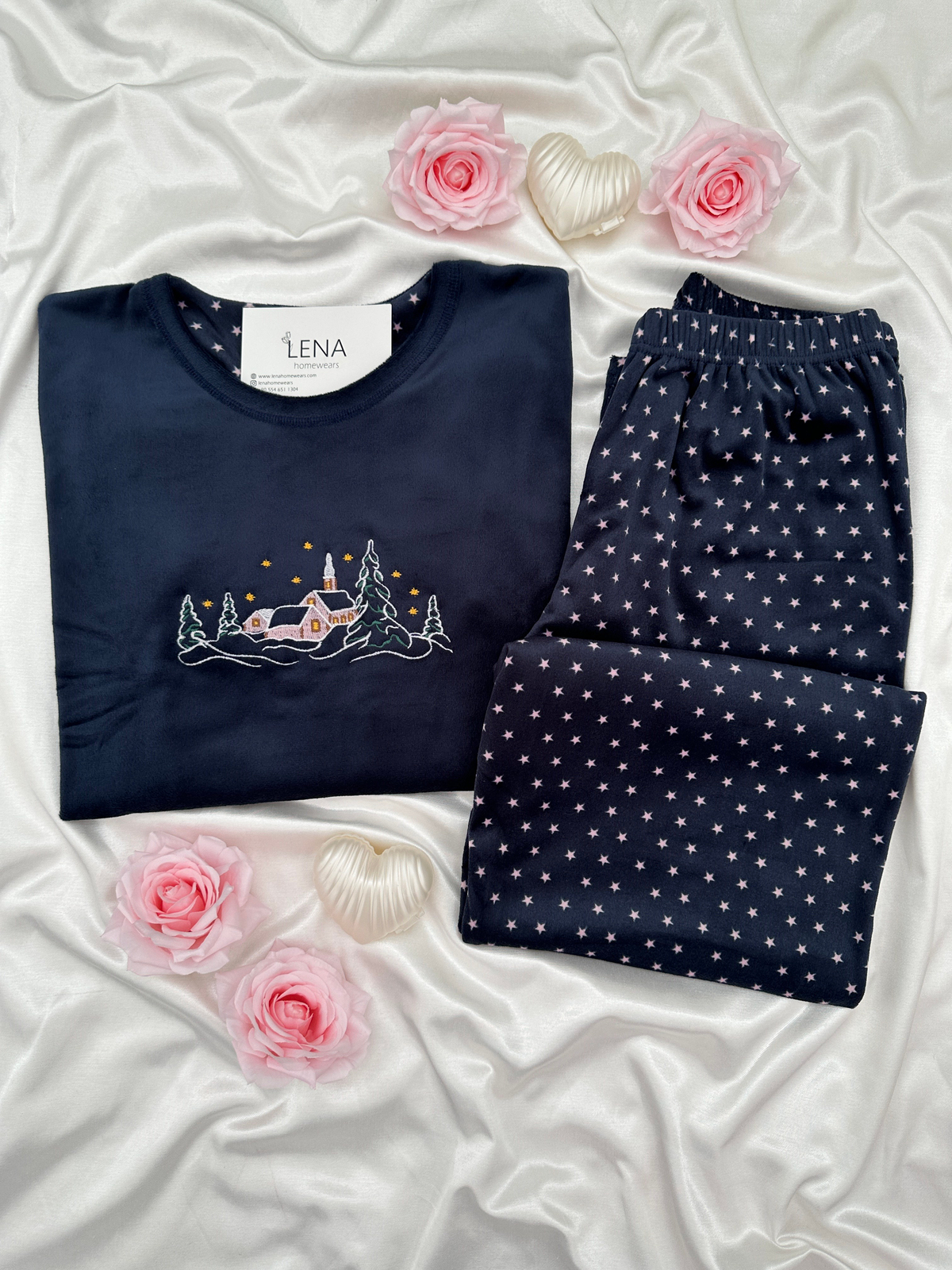 Kadın Lacivert Yıldız Desenli Fransız Kadife Pijama Takımı