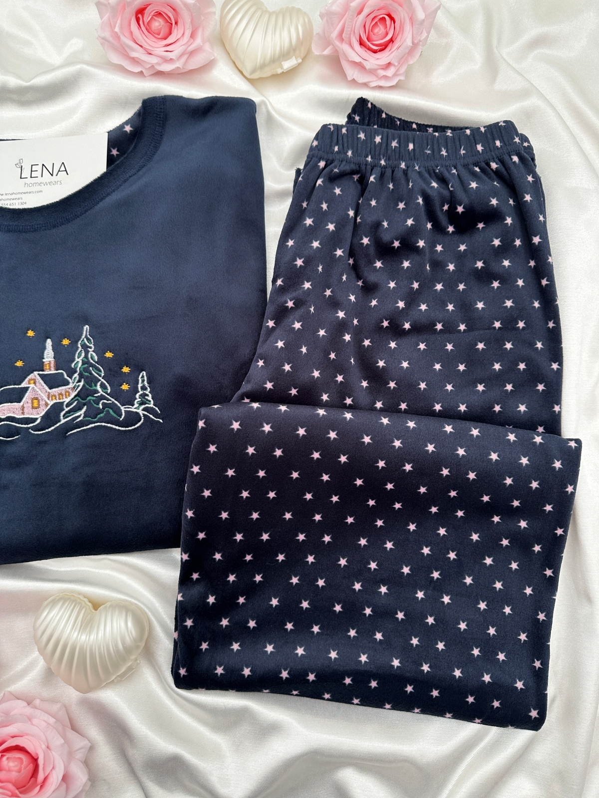 Kadın Lacivert Yıldız Desenli Fransız Kadife Pijama Takımı