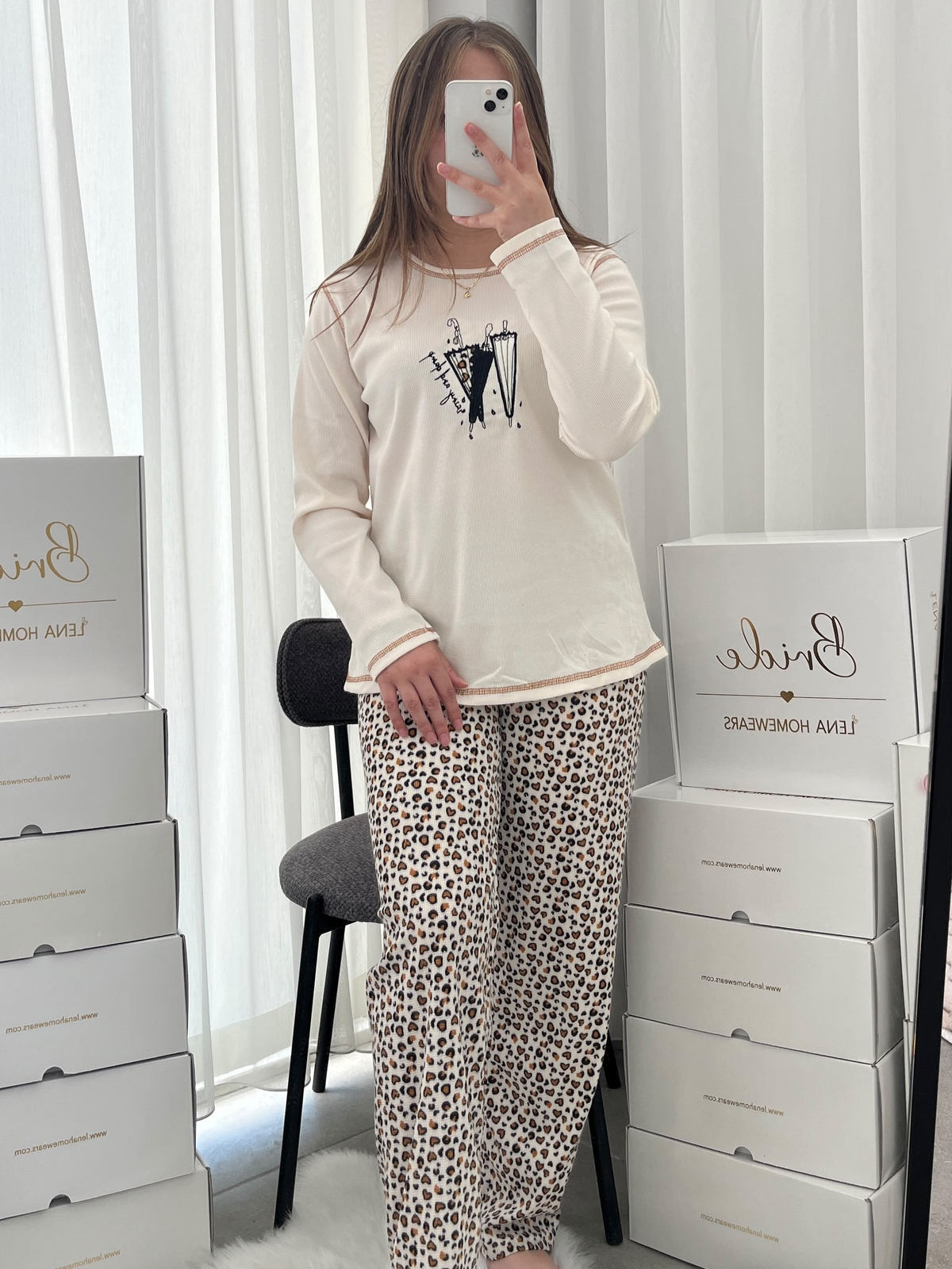 Kadın Leopar Desenli 4'lü Waffle Pijama Takımı