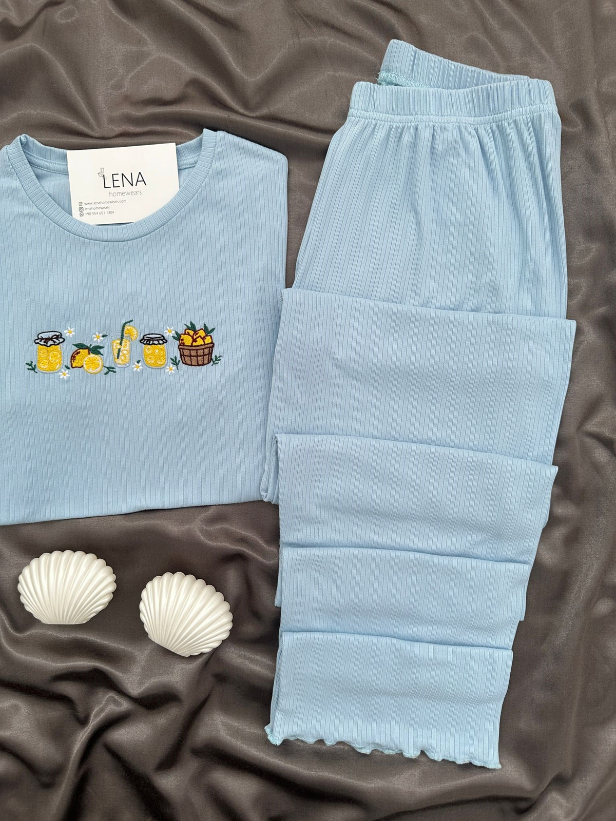 Kadın Mavi Nakışlı Kısa Kollu Oslo Pijama Takımı